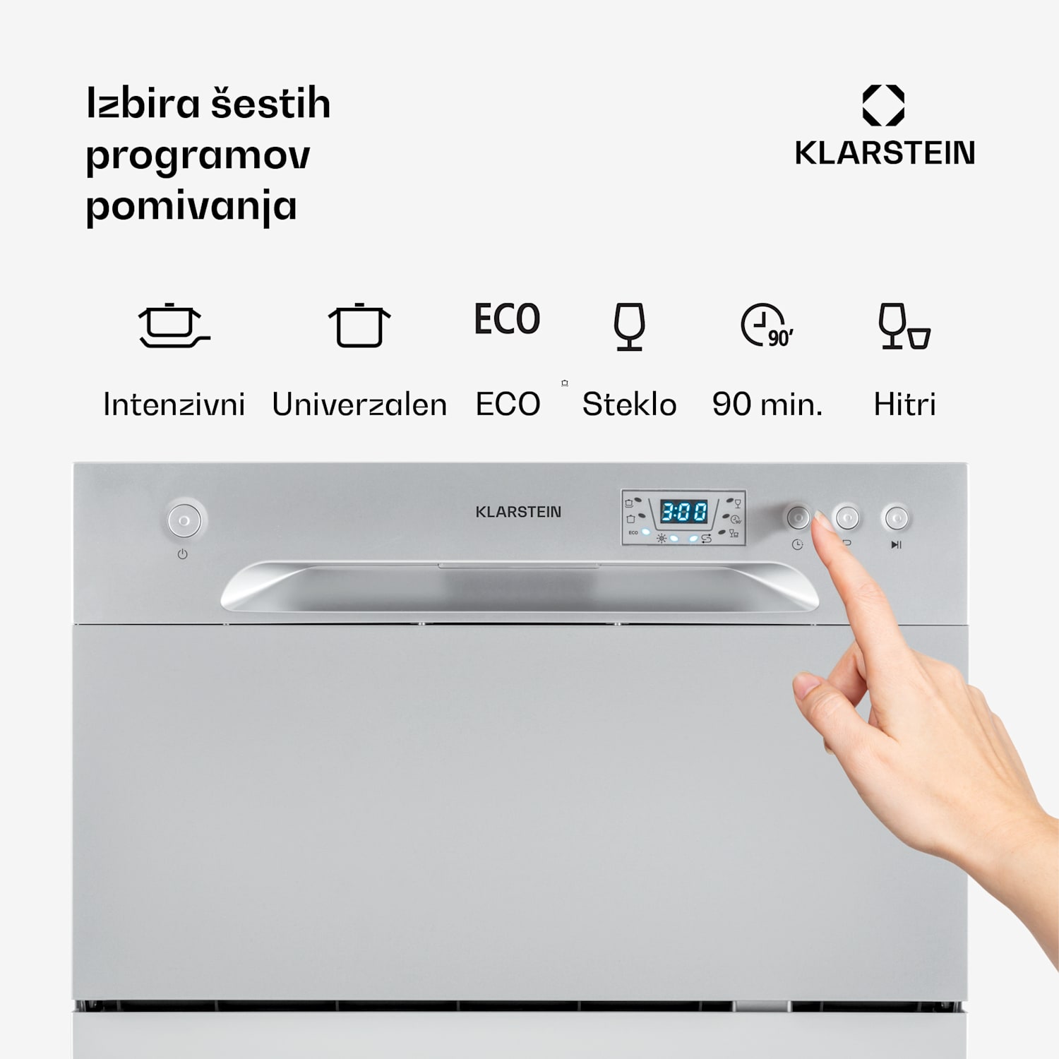 Amazonia 6, pomivalni stroj, 1300 W, F, 49 dB, 6 pogrinjkov, upravljanje s pritiskom na gumb Srebrna kovinska barva