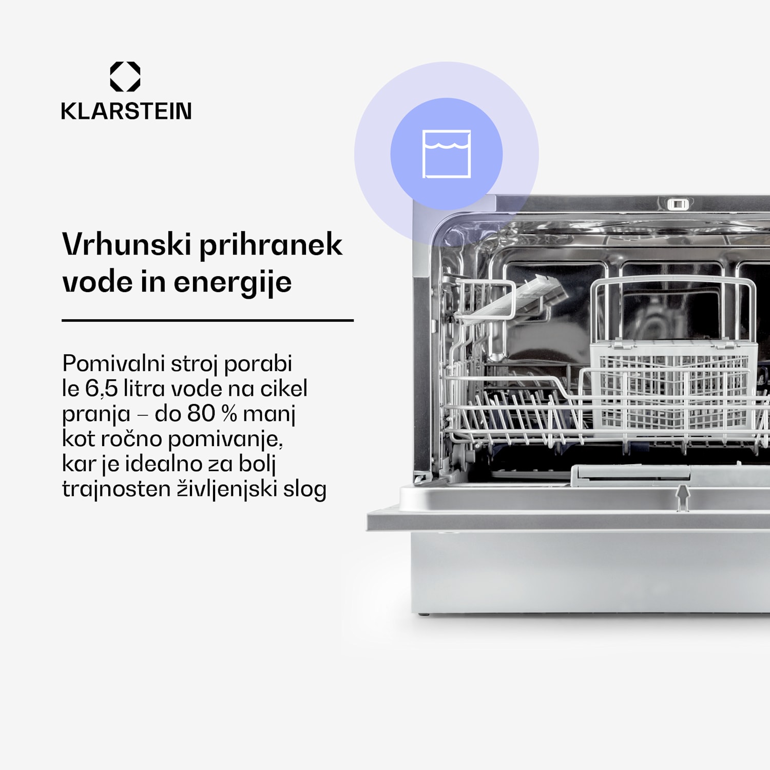 Amazonia 6, pomivalni stroj, 1300 W, F, 49 dB, 6 pogrinjkov, upravljanje s pritiskom na gumb Srebrna kovinska barva