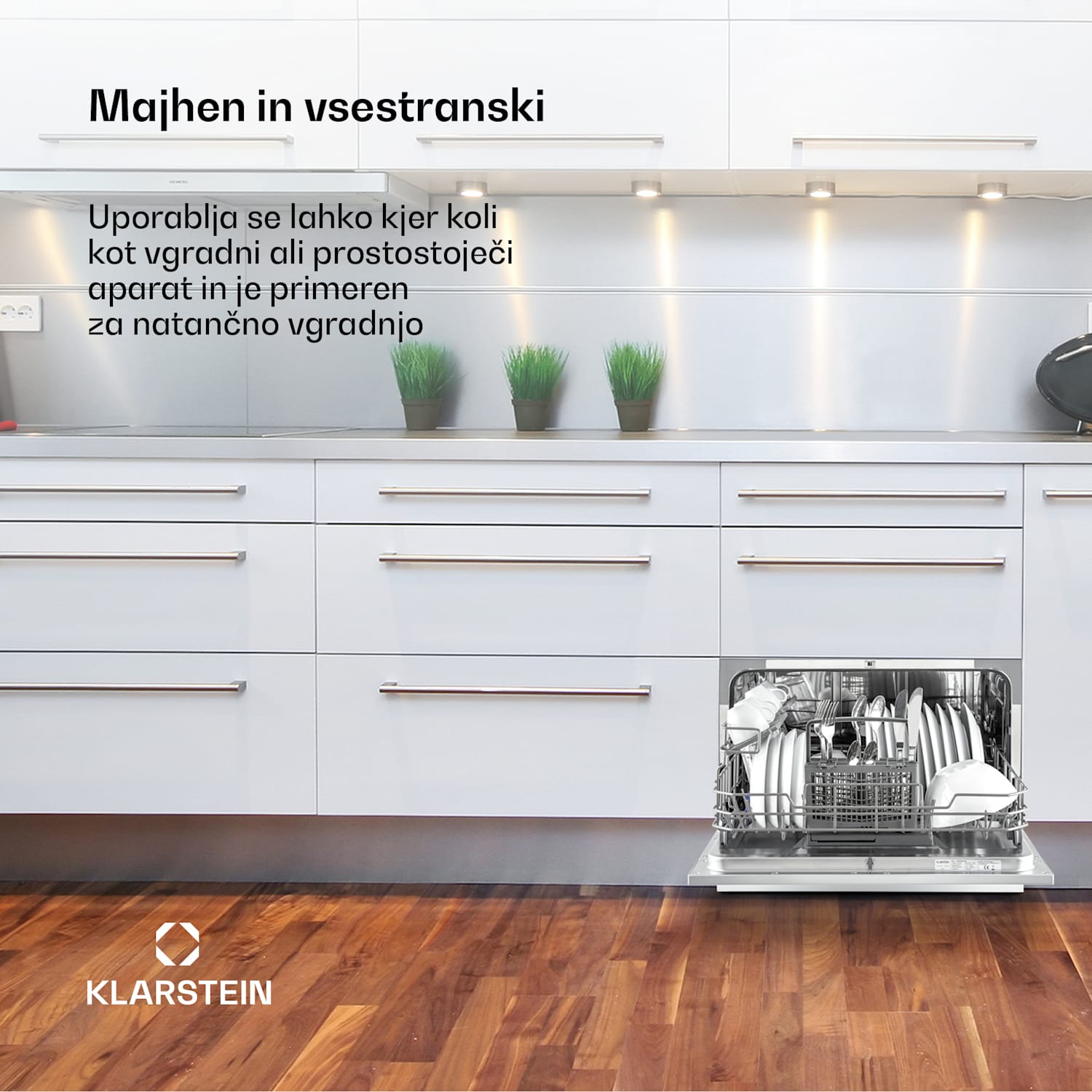 Amazonia 6, pomivalni stroj, 1300 W, F, 49 dB, 6 pogrinjkov, upravljanje s pritiskom na gumb Srebrna kovinska barva