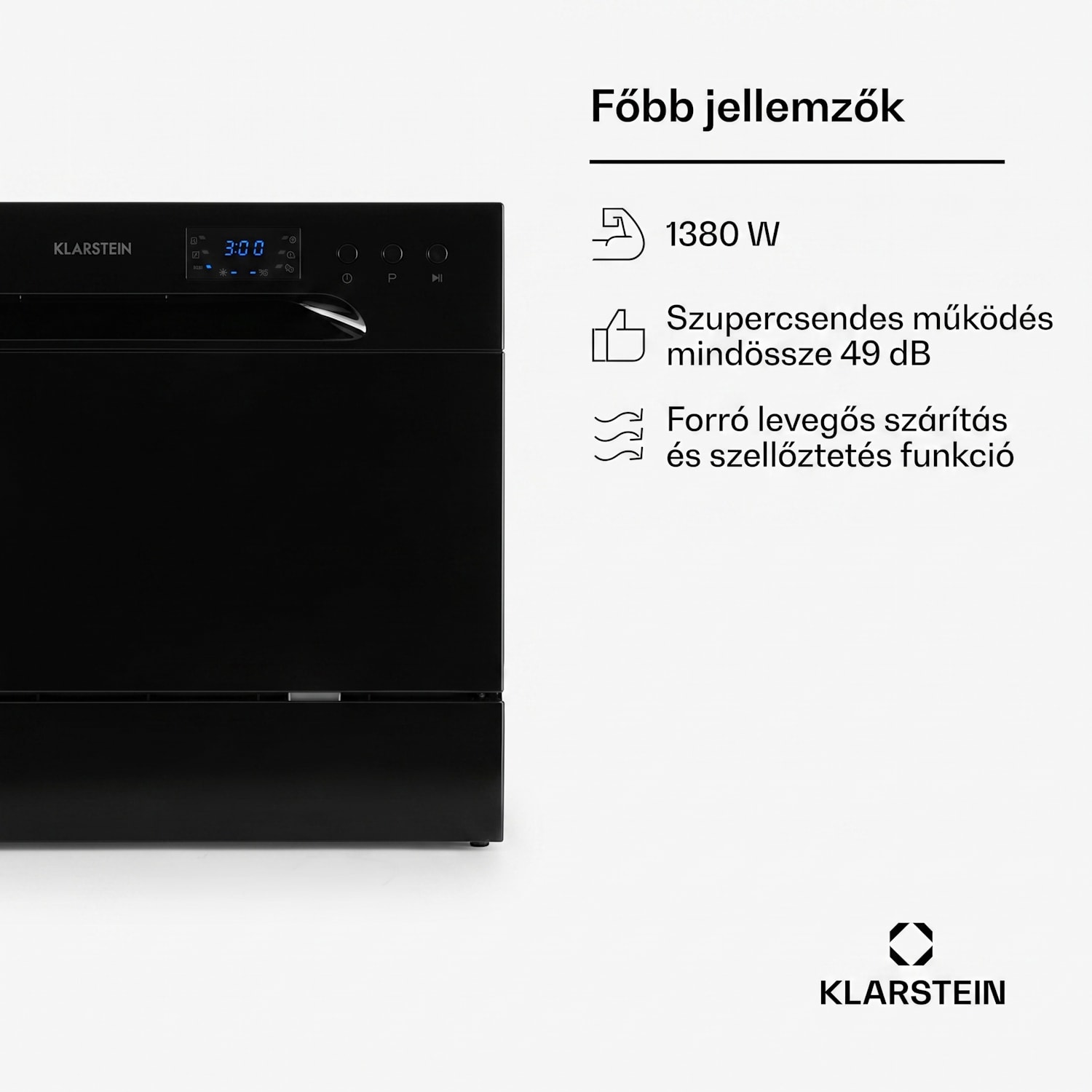 Amazonia 6, mosogatógép, 1380 W, 6 teríték, F energiahatékonysági osztály, 49 dB, nyomógombos vezérlés Fekete