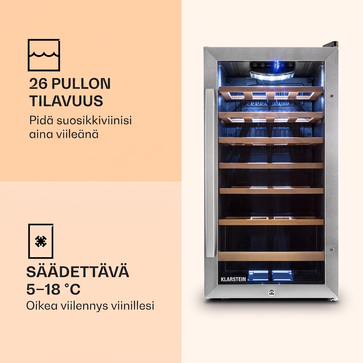 Vinamour 26 Uno viinijääkaappi 26 pulloa 88 litraa ruostumatonta terästä LED-ledi 26 pulloa | 1 jäähdytysalue | Ruostumaton Teräs