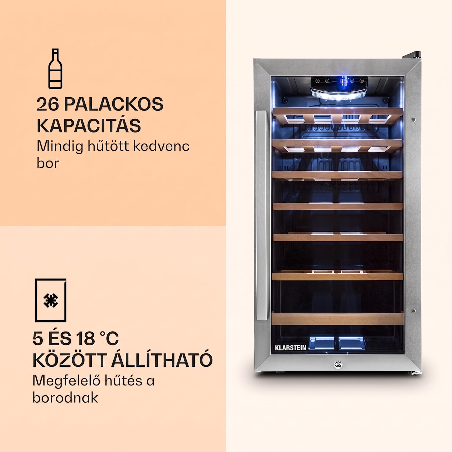 Vivo Vino 26, 88 liter, borhűtő, 26 palack, fekete, LED 26 palack | 1 hűtőzóna | Rozsdamentes acél