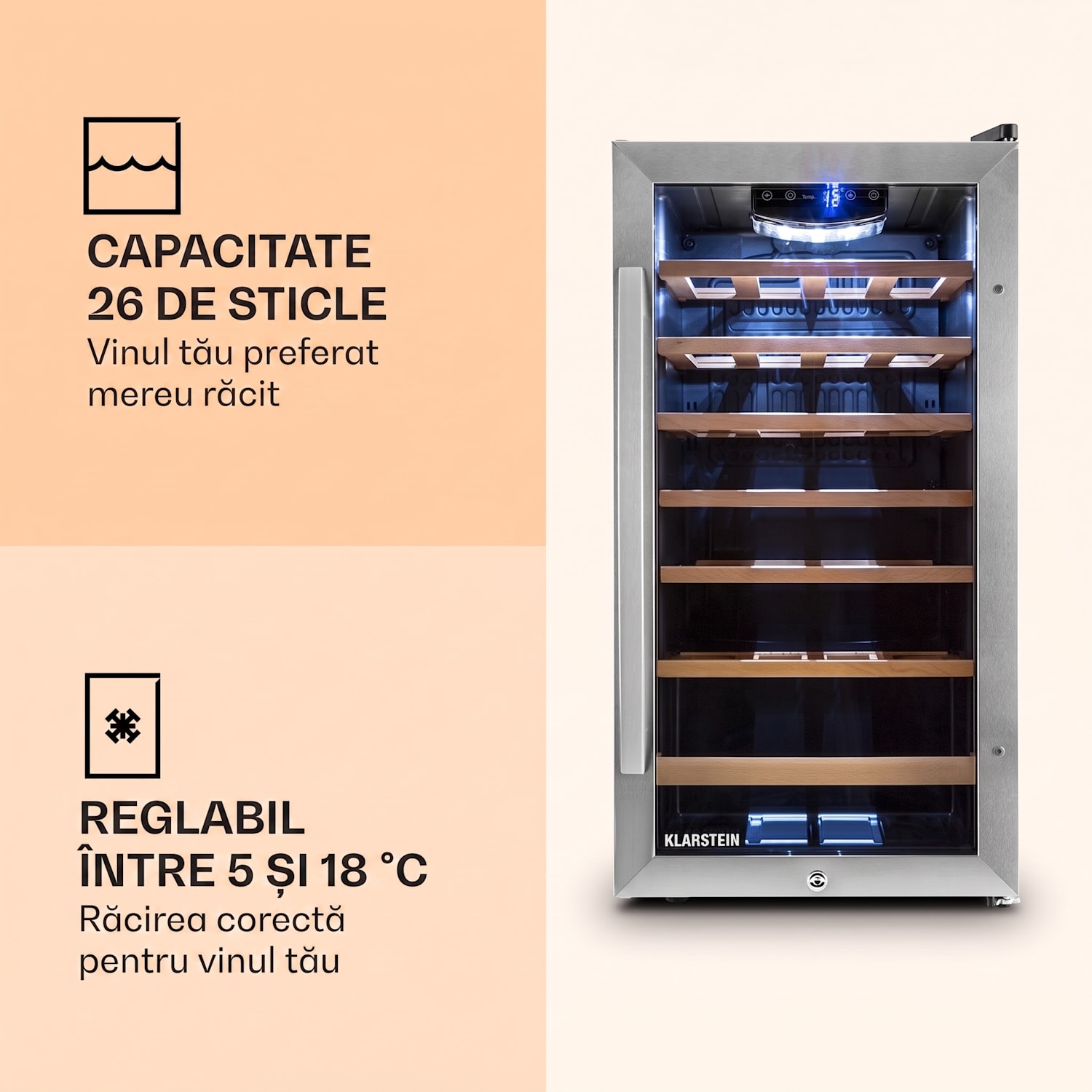 Vivo Vino 26, 88 litri, răcitor de vin, 26 sticle, negru, LED 26 de sticle | 1 | Oțel inoxidabil