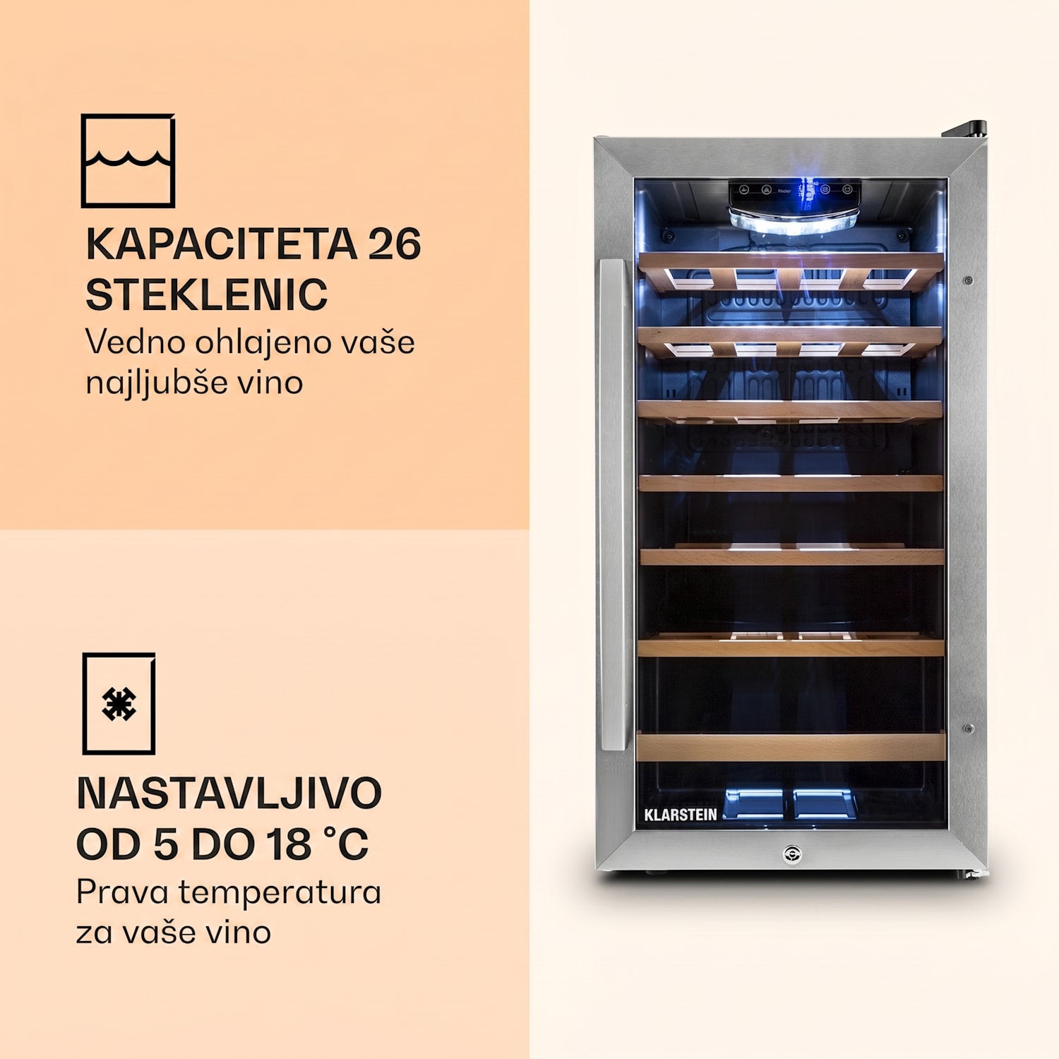 Vivo Vino 26, 88 litrov, hladilnik za vino, 26 steklenic, črna, LED 26 steklenic | 1 | Nerjaveče jeklo