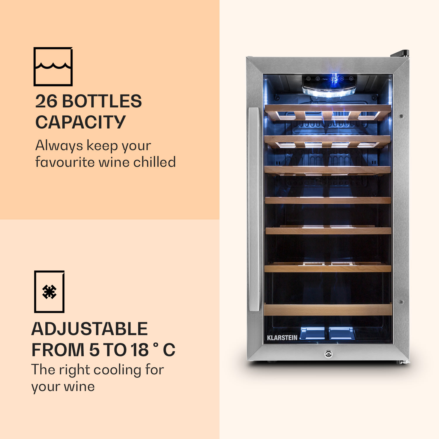 Vinamour 26 Uno nevera para vinos 26 botellas 88 litros acero inoxidable LED 26 botellas | 1 zona de refrigeración | Acero Inoxidable