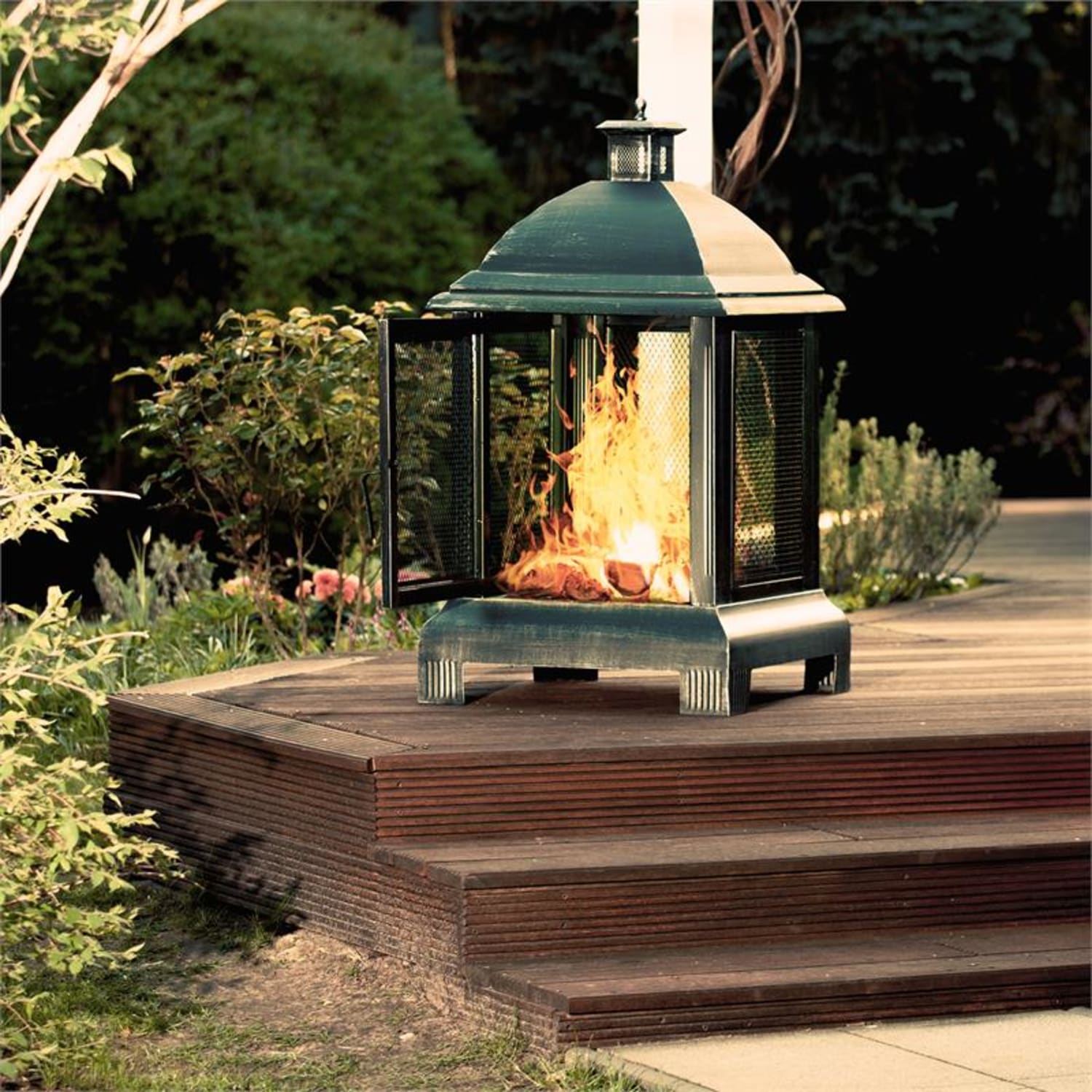 Loreo Chimenea para jardín Brasero Farol Acero pavonado 