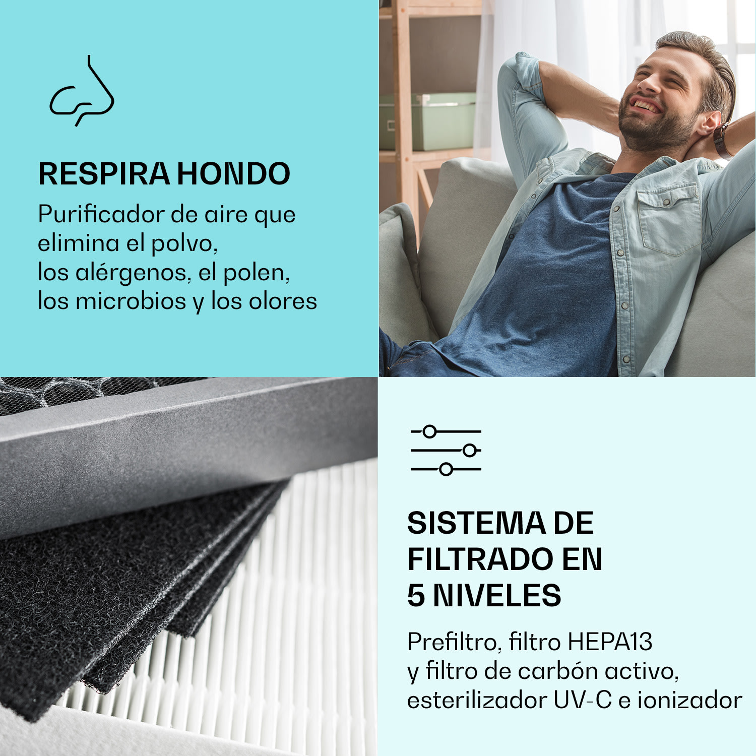Vita Pure 2G 5 en 1 Purificador de aire ambientador ionizador | Filtro HEPA-13 | 50 m² | 30 dB | 55 W | UV-C | Táctil Blanco