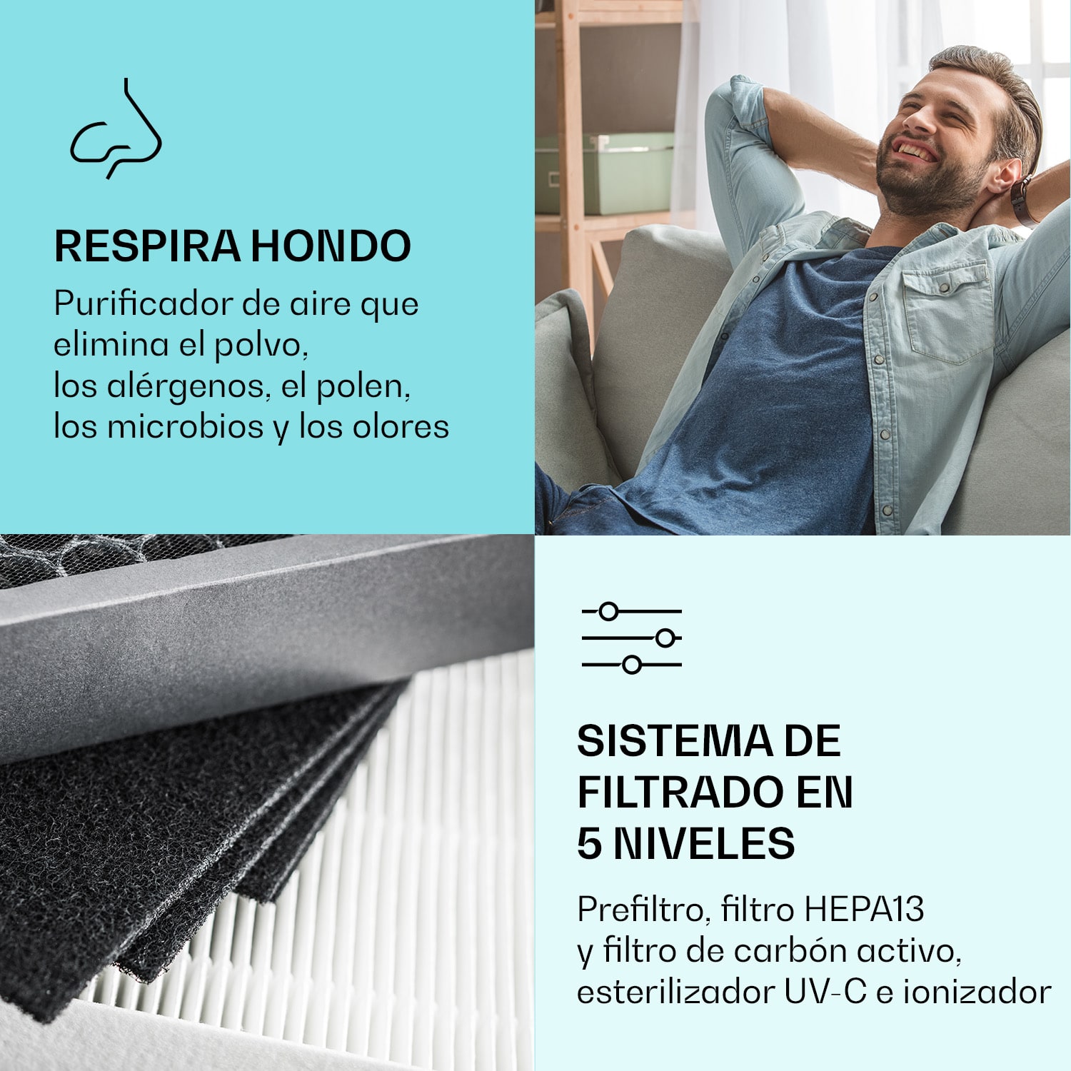 Vita Pure 2G 5-en-1: Purificador de Aire | Ionizador | Filtro quíntuple HEPA: 99,97% filtracion | 50 m² | Silencioso 30 db | 55 W | UV-C | Pantalla tactil | Blanco Negro