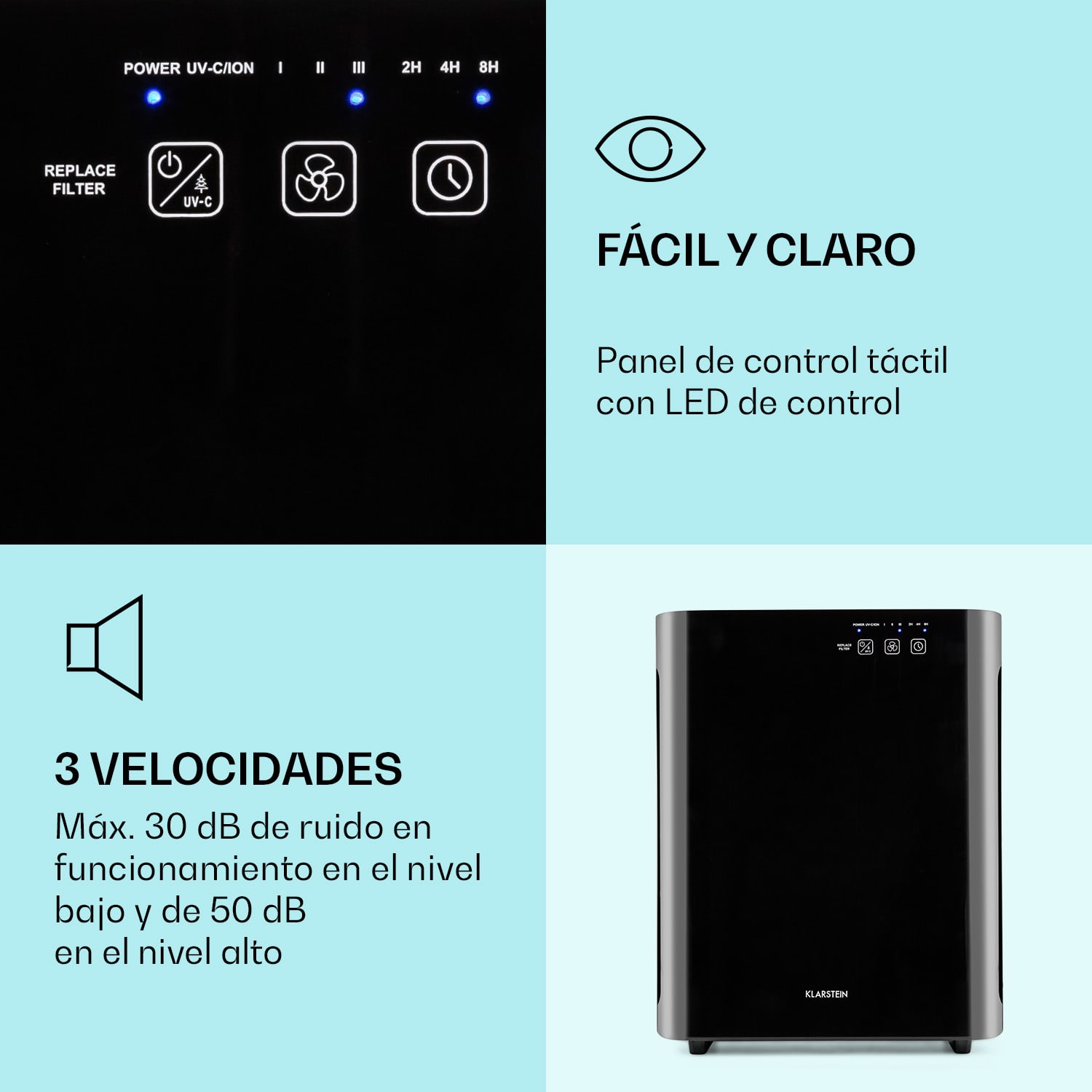 Vita Pure 2G 5-en-1: Purificador de Aire | Ionizador | Filtro quíntuple HEPA: 99,97% filtracion | 50 m² | Silencioso 30 db | 55 W | UV-C | Pantalla tactil | Blanco Negro