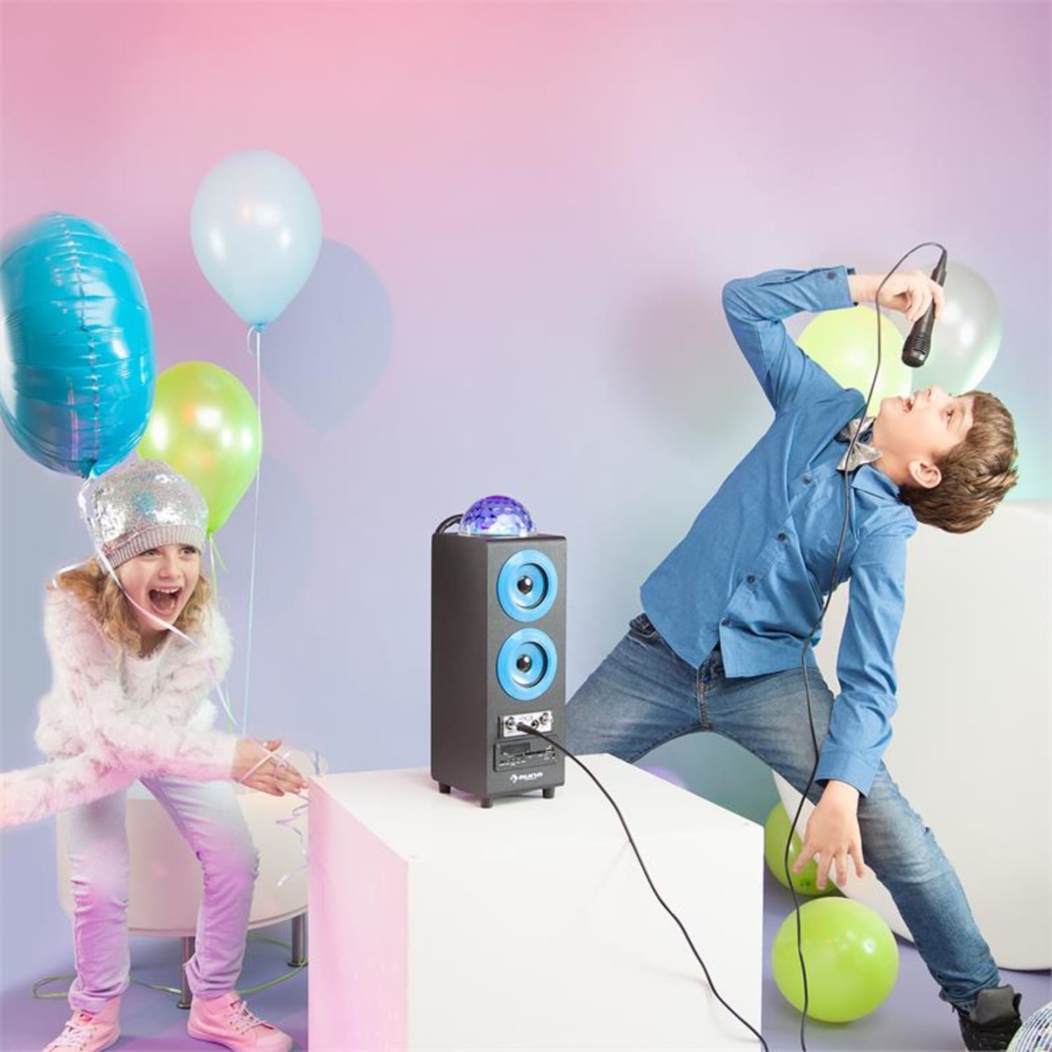 DiscoStar Blue, přenosný bluetooth reproduktor, USB, akumulátor, LED, mikrofon Modrá