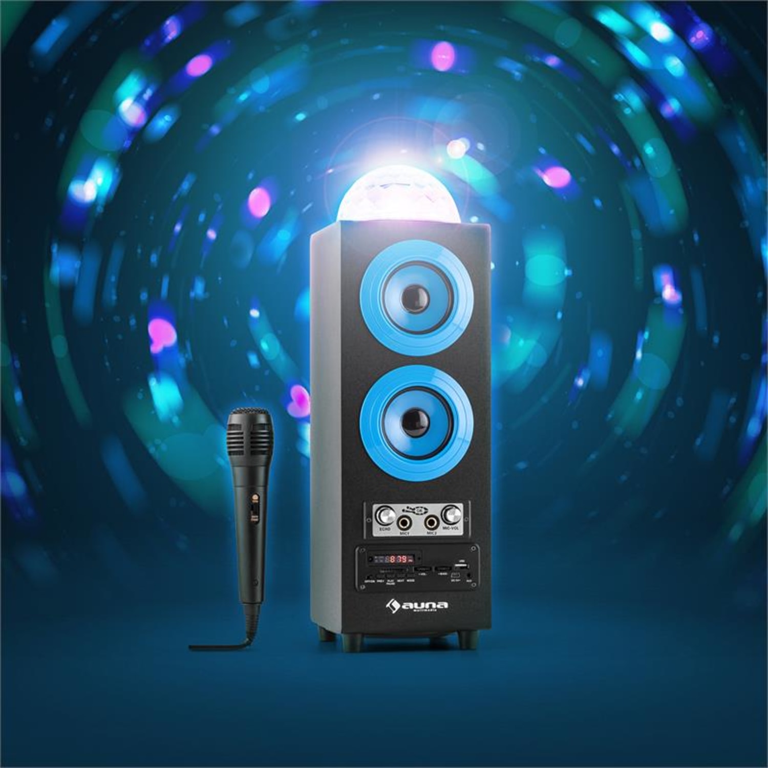DiscoStar Blue, přenosný bluetooth reproduktor, USB, akumulátor, LED, mikrofon Modrá