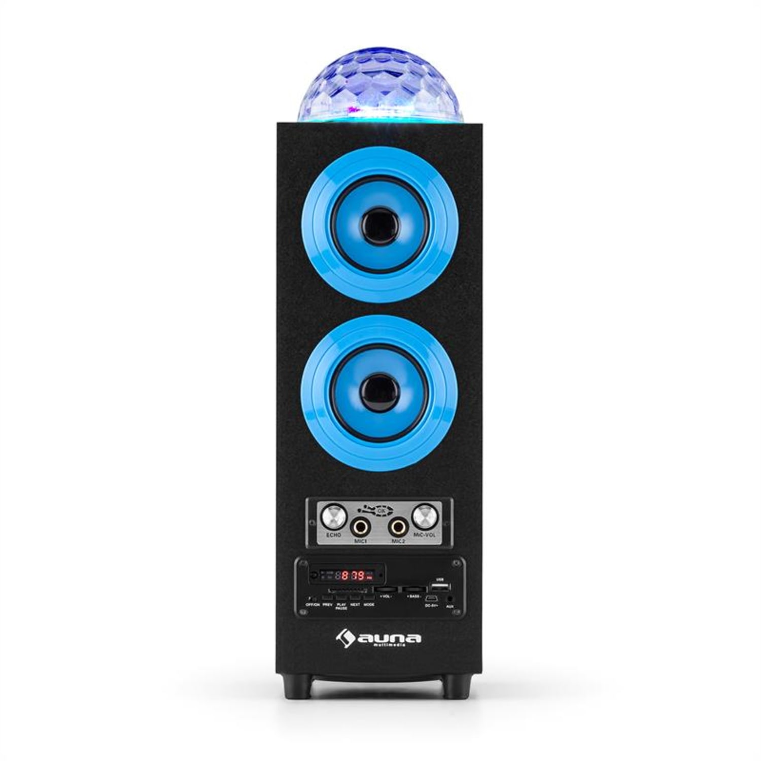 DiscoStar Blue, přenosný bluetooth reproduktor, USB, akumulátor, LED, mikrofon Modrá