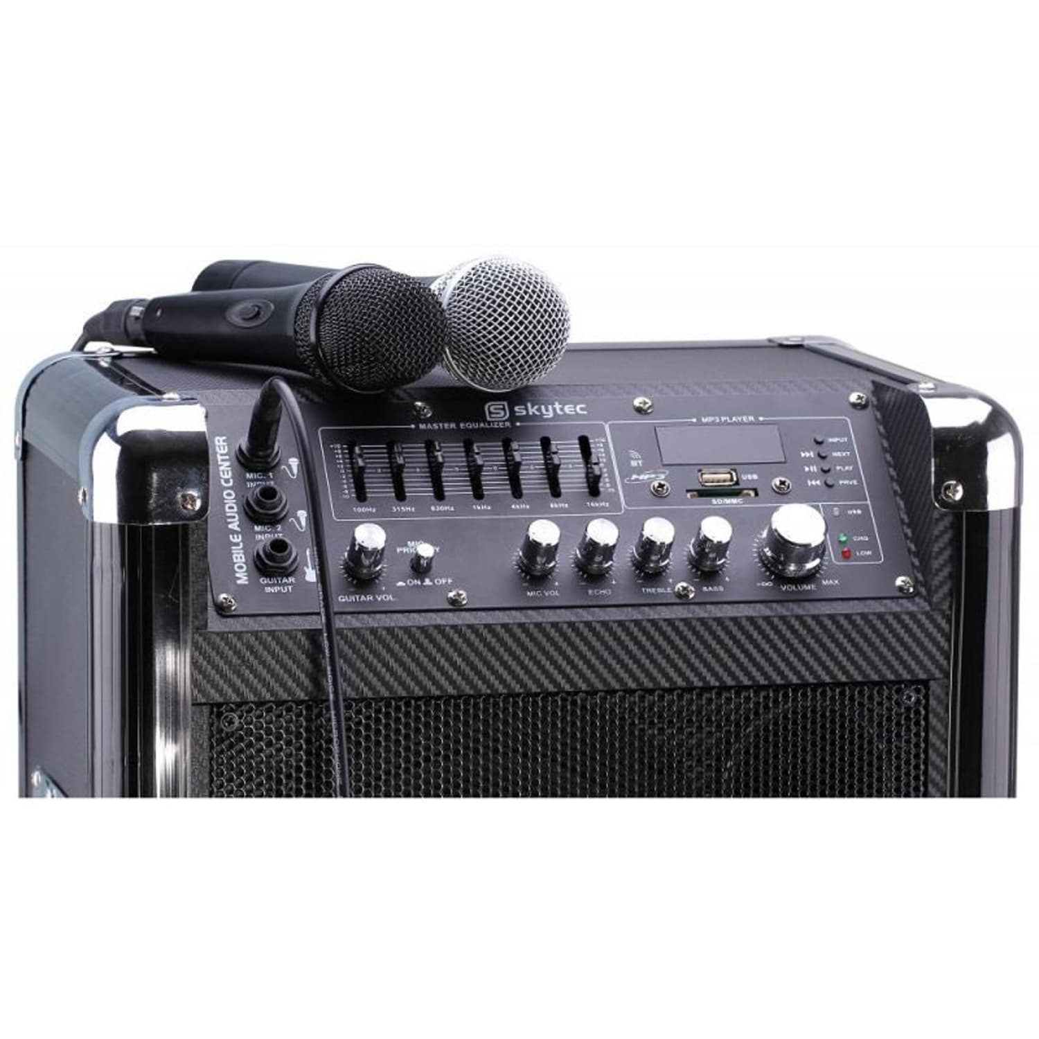 ST-075 mobilný PA zariadenie 250W batéria Bluetooth USB SD MP3 VHF 2 x mikrofón