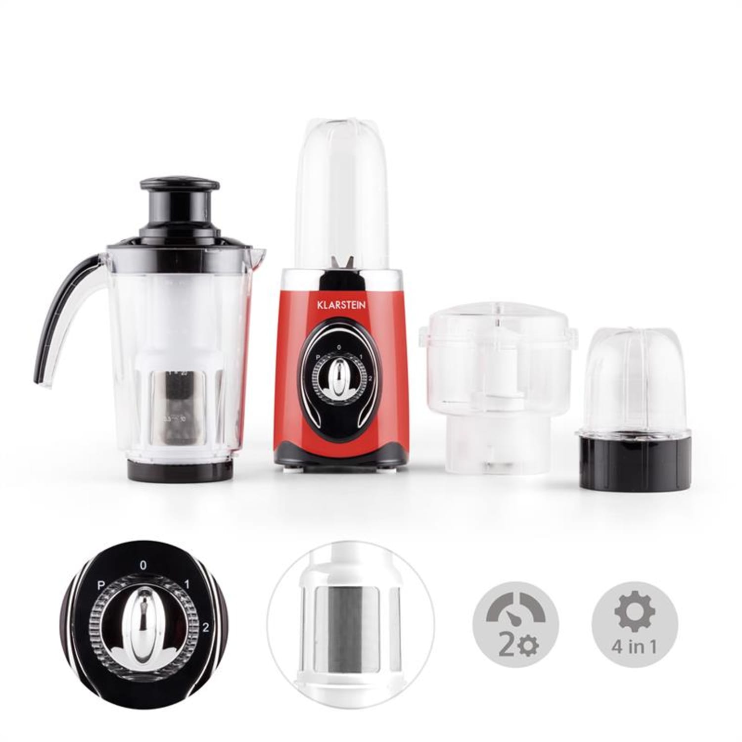 Klarstein Fruizooka, červený mixér na přípravu smoothie, multifunkční zařízení 4 v 1, 220 W Červená