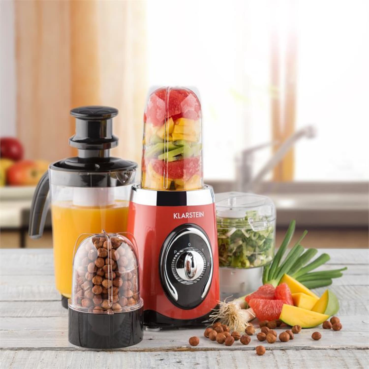 Klarstein Fruizooka, červený mixér na přípravu smoothie, multifunkční zařízení 4 v 1, 220 W Červená