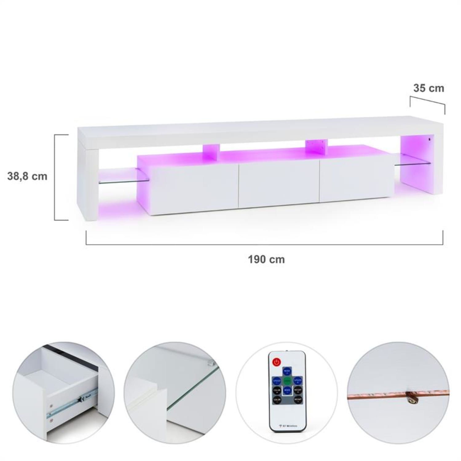 Quentin Lowboard, TV asztal, fehér, LED világítás, színváltoztatás Fehér