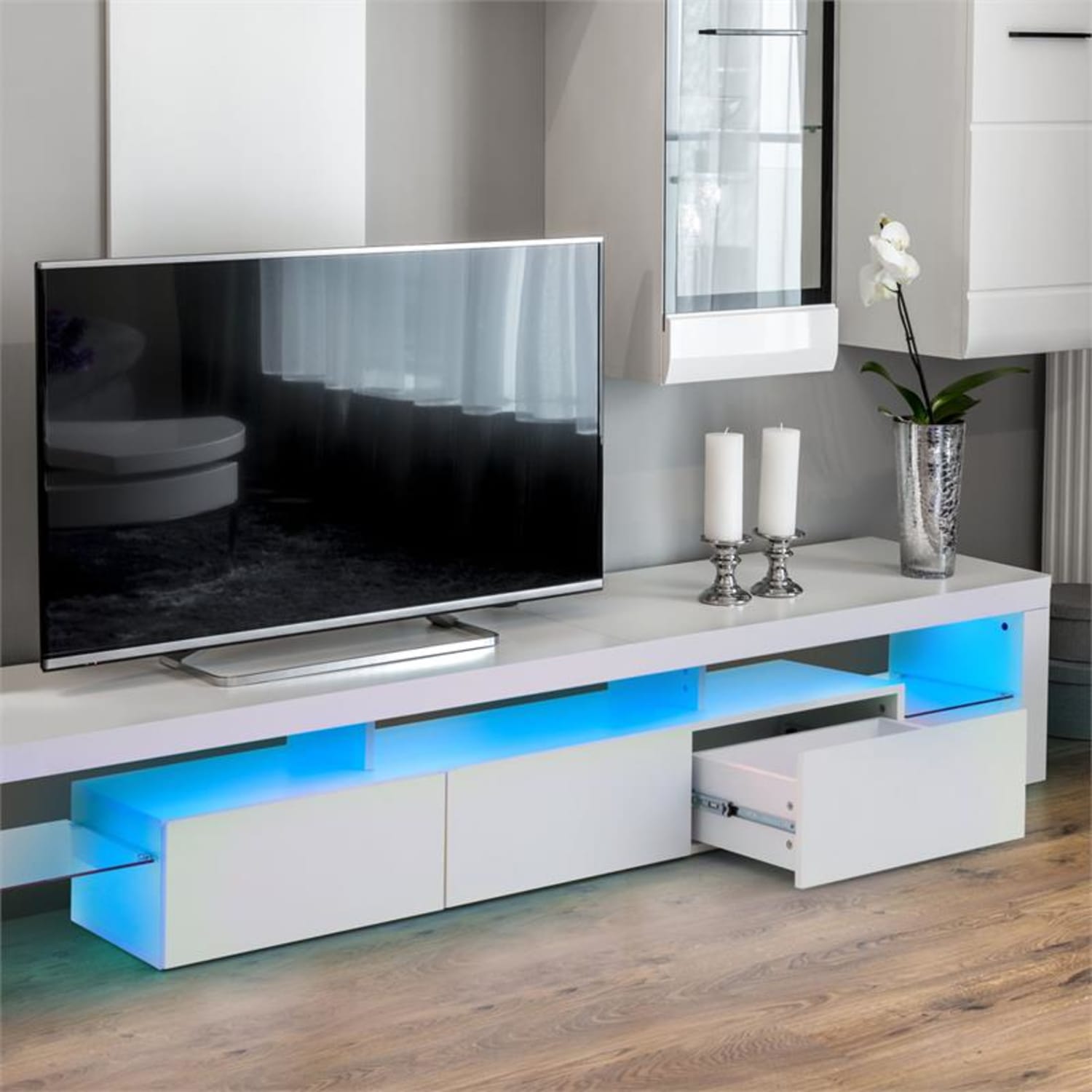 Quentin Lowboard, TV stolek, bílý, LED osvětlení, změna barev Bílá