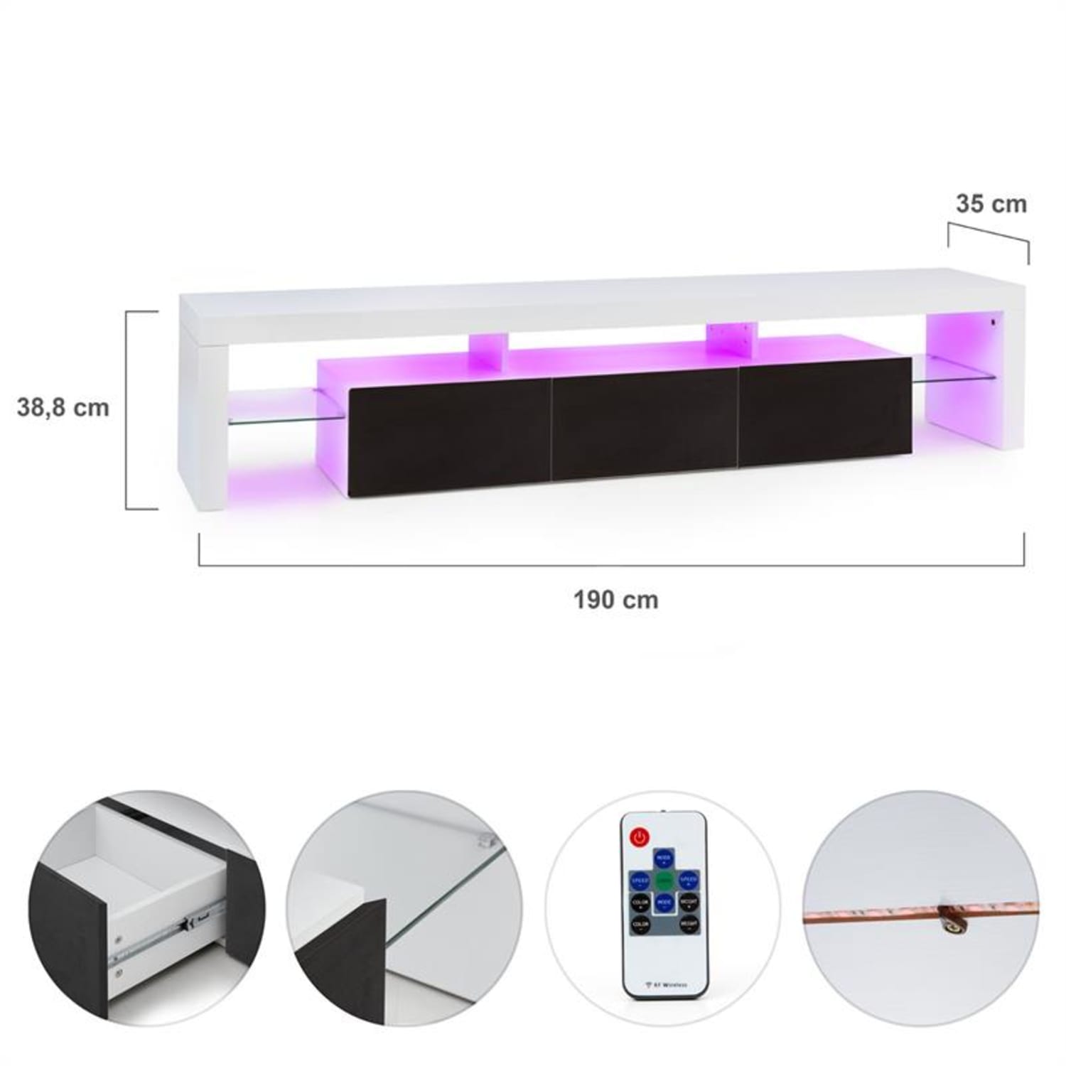 Orlando Lowboard TV asztal, LED hangulat világítás, színváltás Fekete
