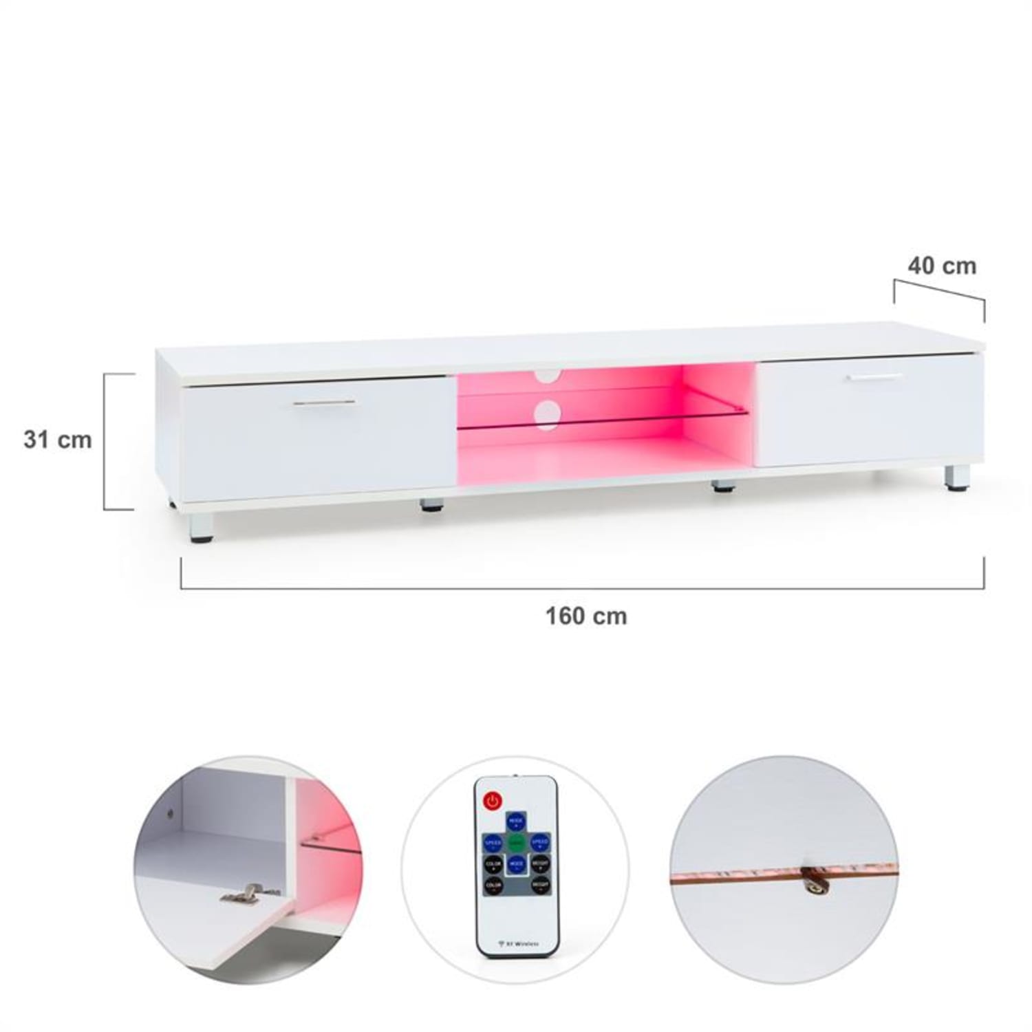 Keira Lowboard, TV asztal, fehér, LED világítás, színváltoztatás