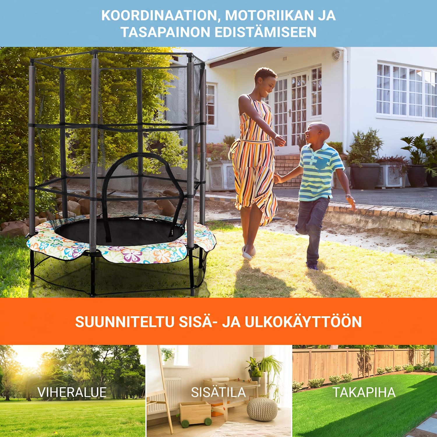 Rocketkid trampoliini Ø 140 cm turvaverkko benjijousitus 3-vuotiaasta alkaen Multi