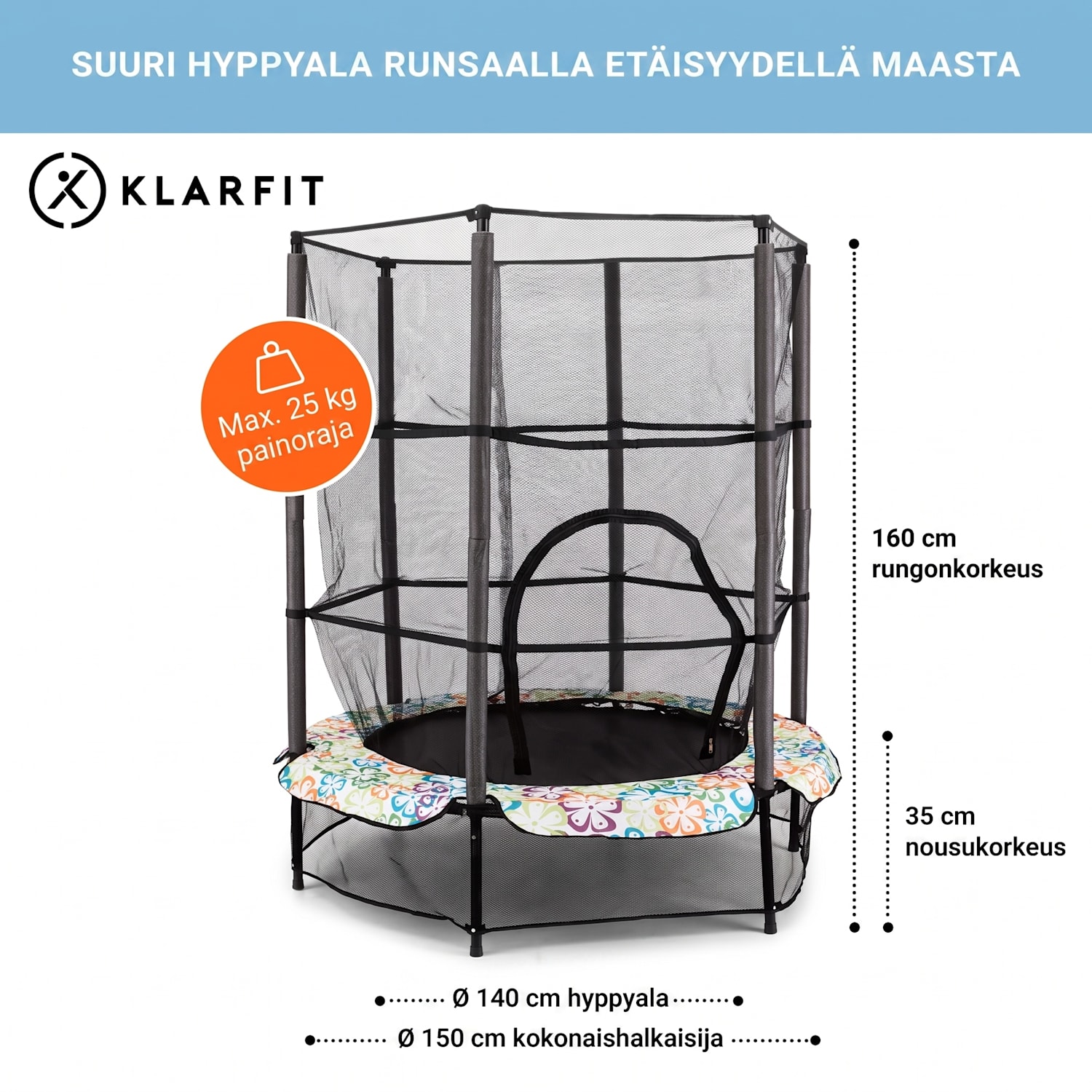 Rocketkid trampoliini Ø 140 cm turvaverkko benjijousitus 3-vuotiaasta alkaen Multi