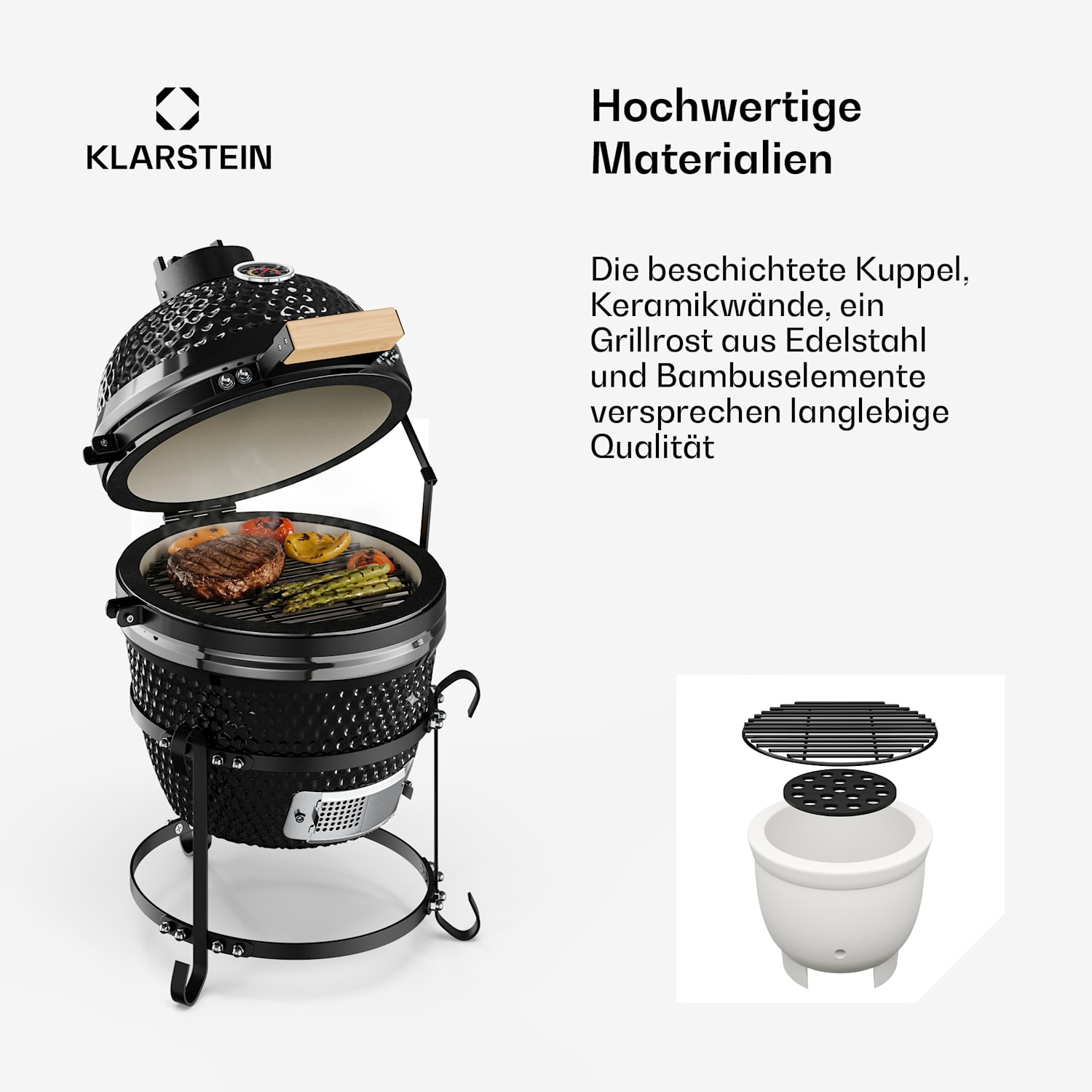 Princesize Kamado-Grill Keramikgrill Edelstahl-Grillrost Smoker BBQ Schwarz