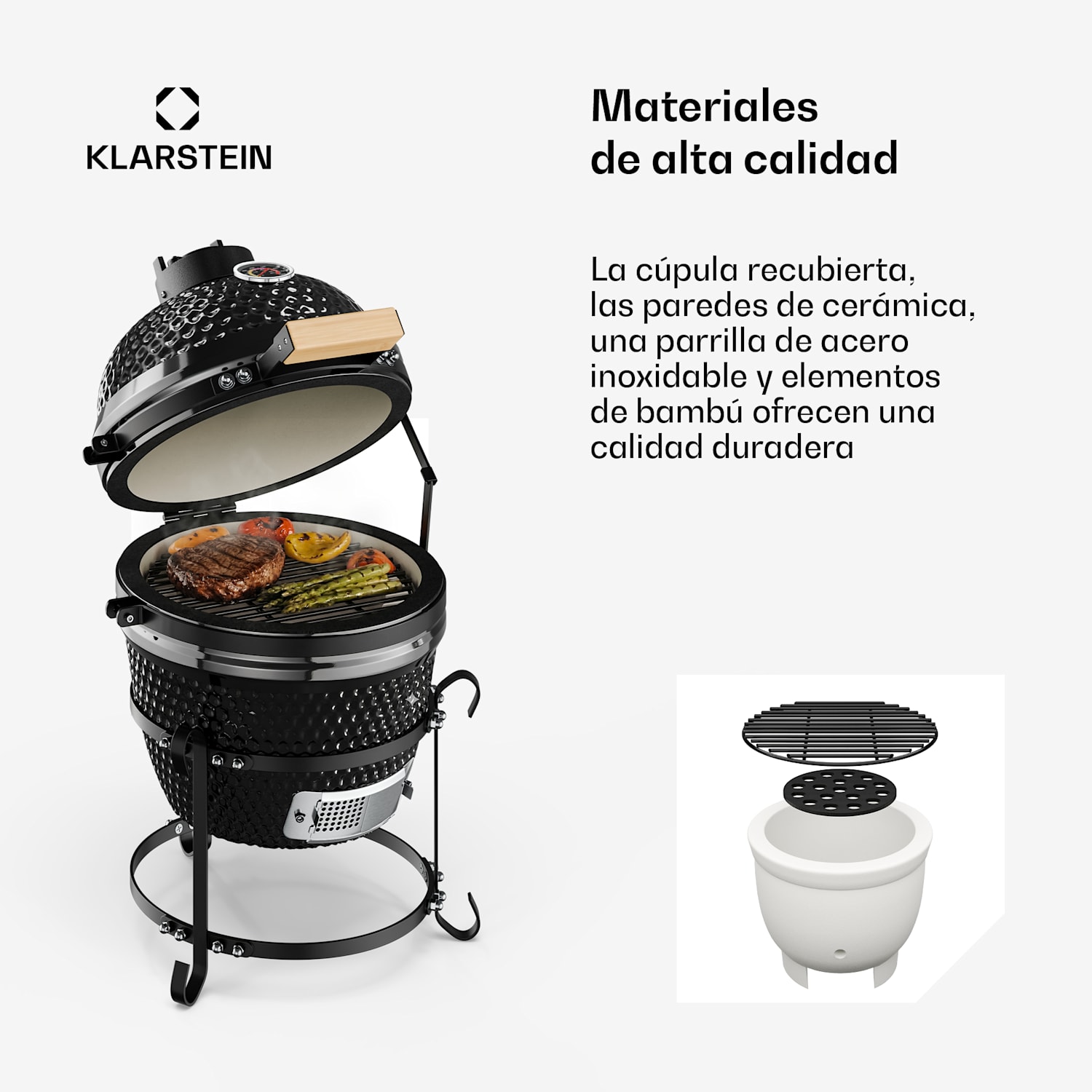 Princesize Parrilla Kamado Parrilla de cerámica Parrilla de acero inoxidable Ahumador BBQ Negra Negro