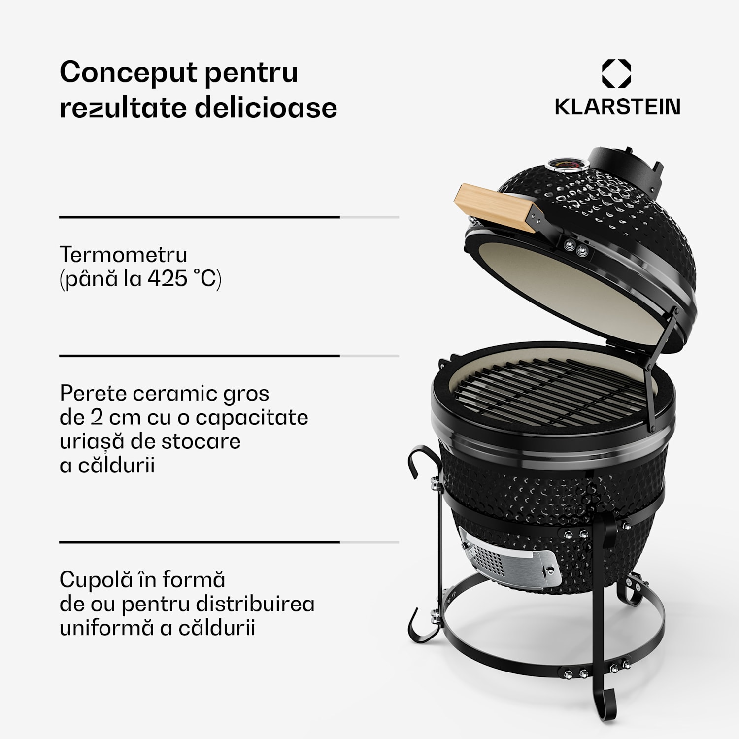 grătar kamado, Princesize, ceramică, 11", afumare, BBQ, gătit lent, negru Negru