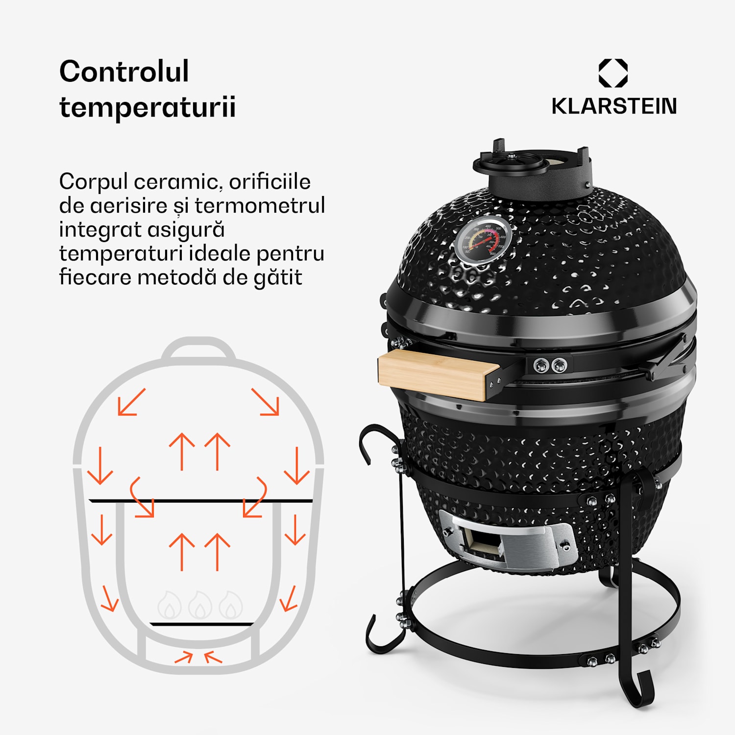 grătar kamado, Princesize, ceramică, 11", afumare, BBQ, gătit lent, negru Negru