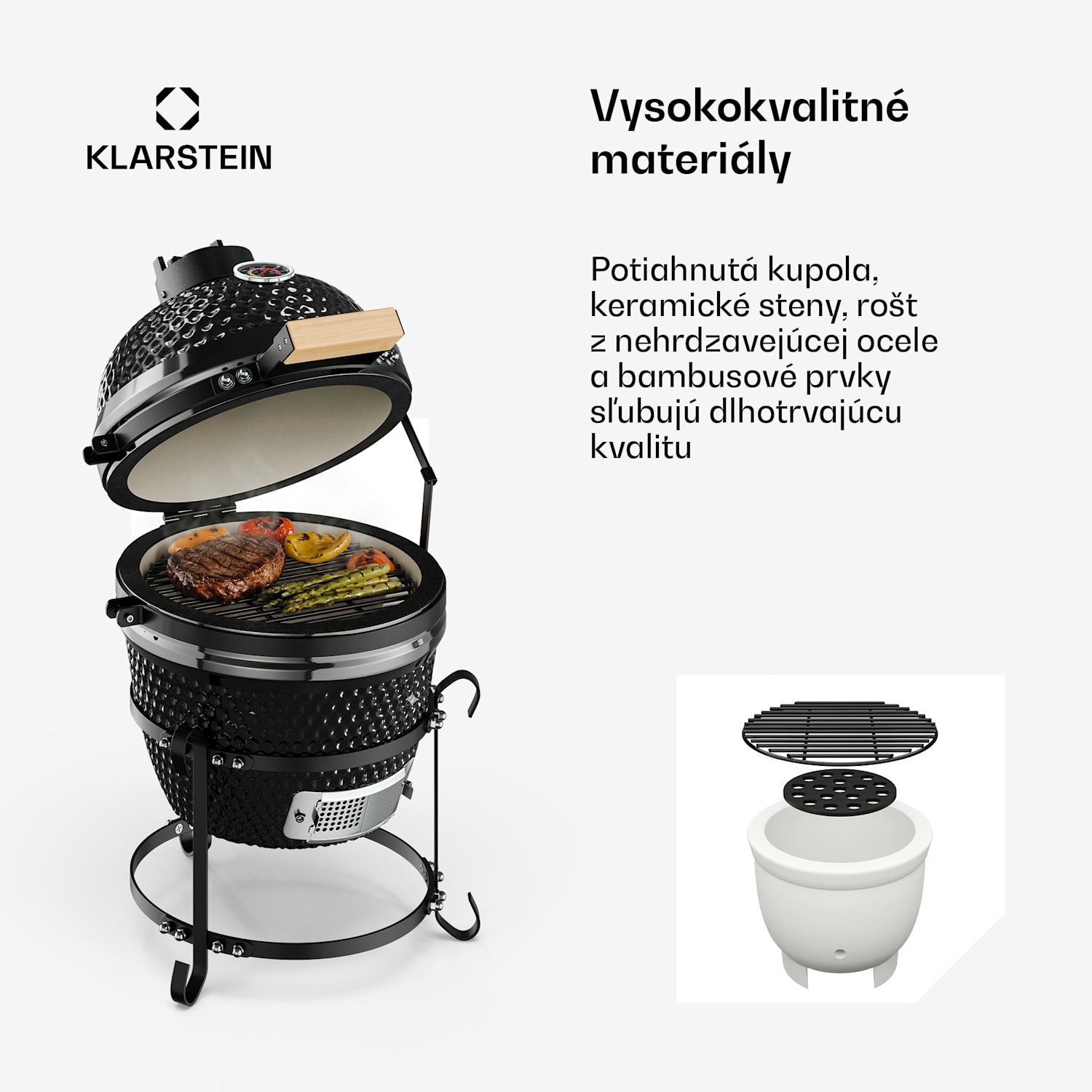 Princesize, kamado gril, keramický, 11", údenie, BBQ, pomalé varenie, čierny Čierna