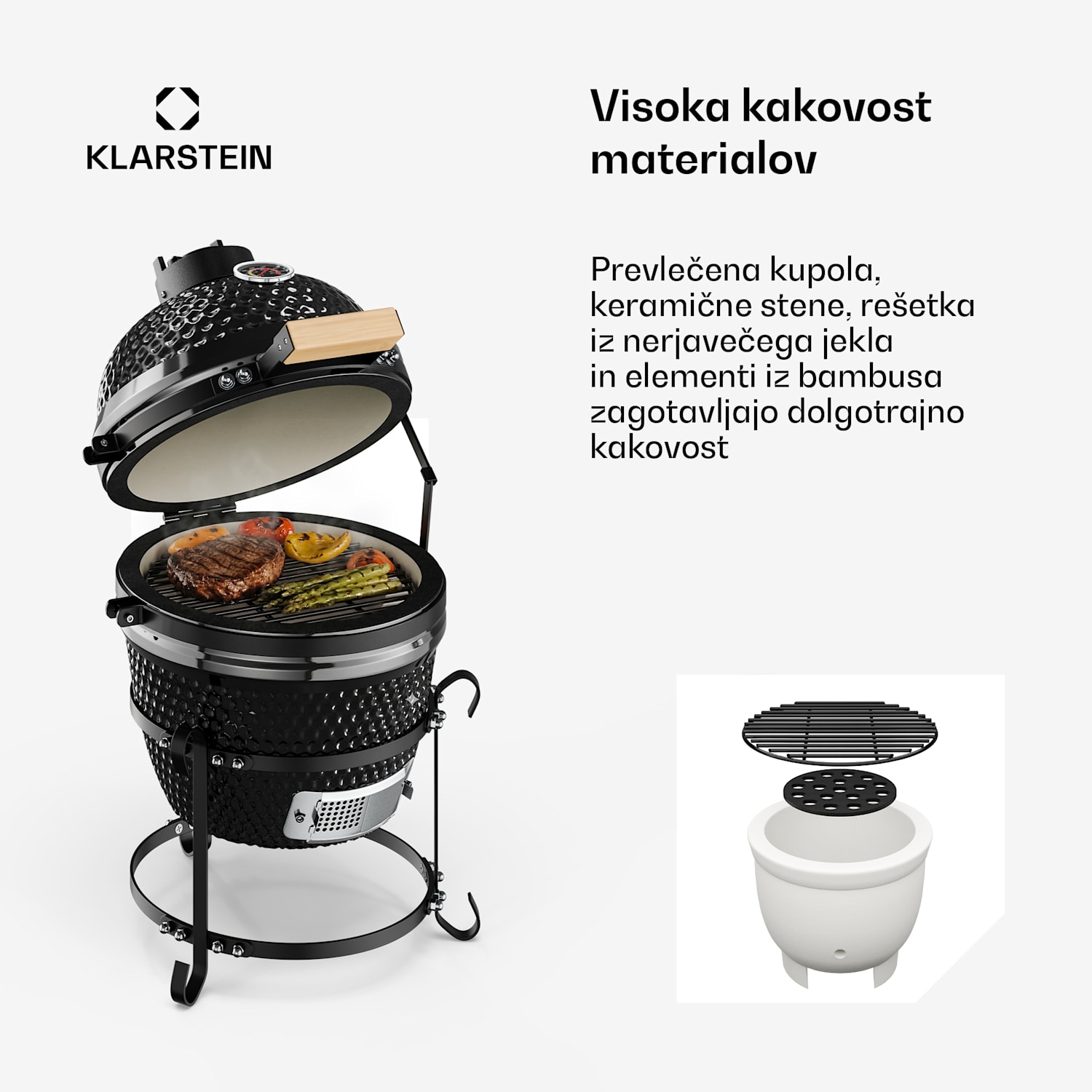 Princesize, kamado žar, keramični, 11", dimljenje, BBQ, počasno kuhanje, črna Črna