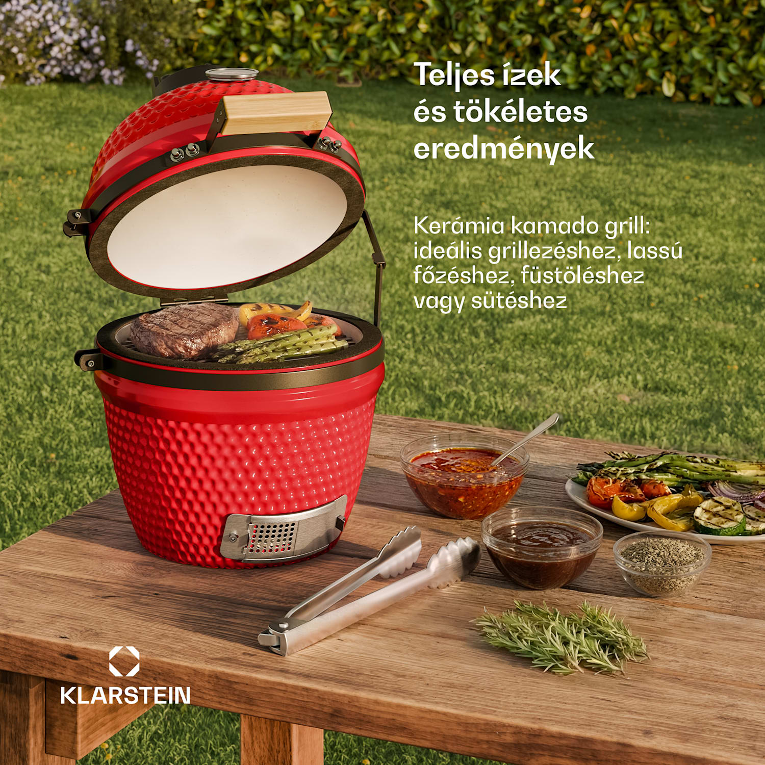 kamado grillsütő, Princesize, kerámia, 11", füstölés, BBQ, lassú sütés, piros Piros