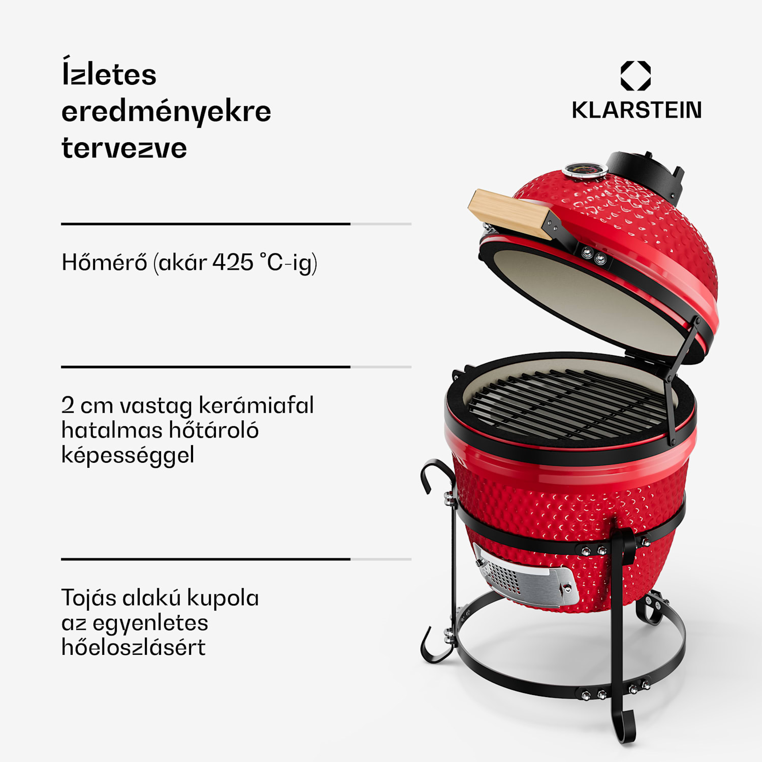 kamado grillsütő, Princesize, kerámia, 11", füstölés, BBQ, lassú sütés, piros Piros