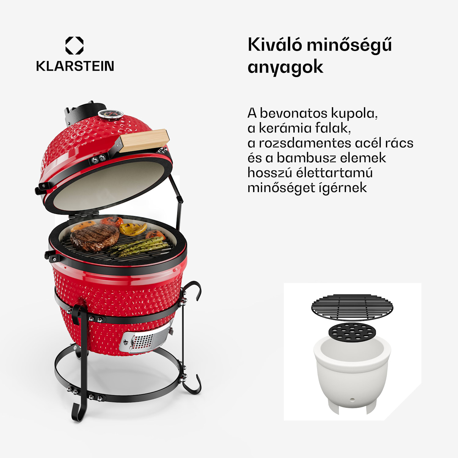 kamado grillsütő, Princesize, kerámia, 11", füstölés, BBQ, lassú sütés, piros Piros