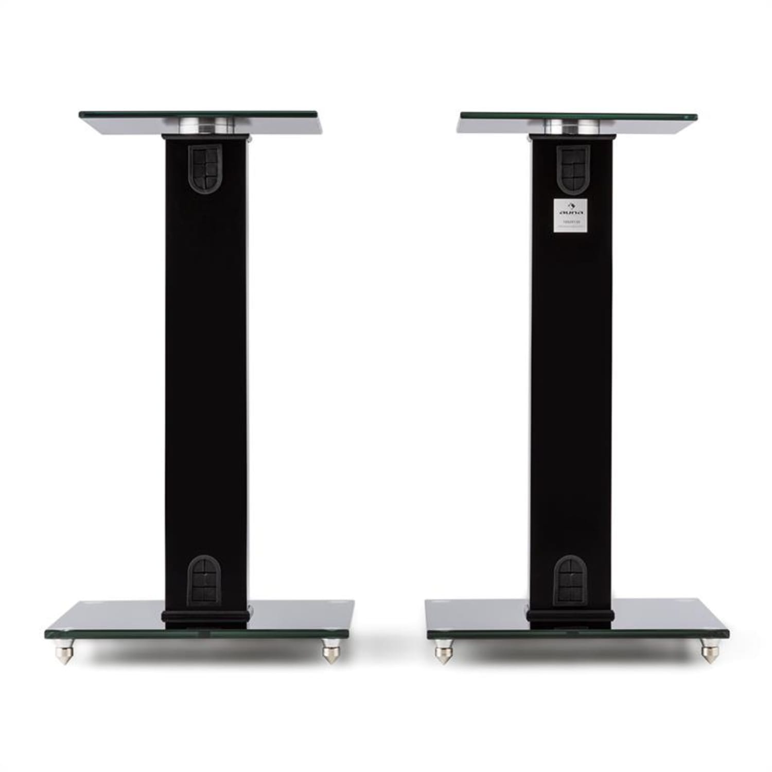 BS-03S-BK Standuri boxe Aluminiu sticla MDF canal de cablu incl. Spikes Lemn negru