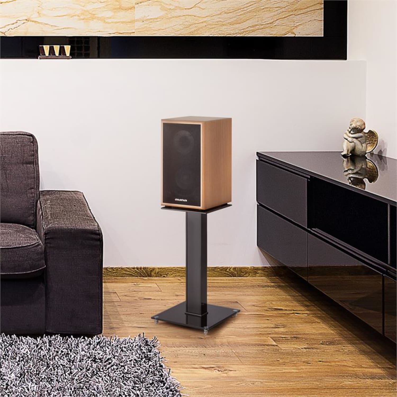 BS-03S-BK Standuri boxe Aluminiu sticla MDF canal de cablu incl. Spikes Lemn negru