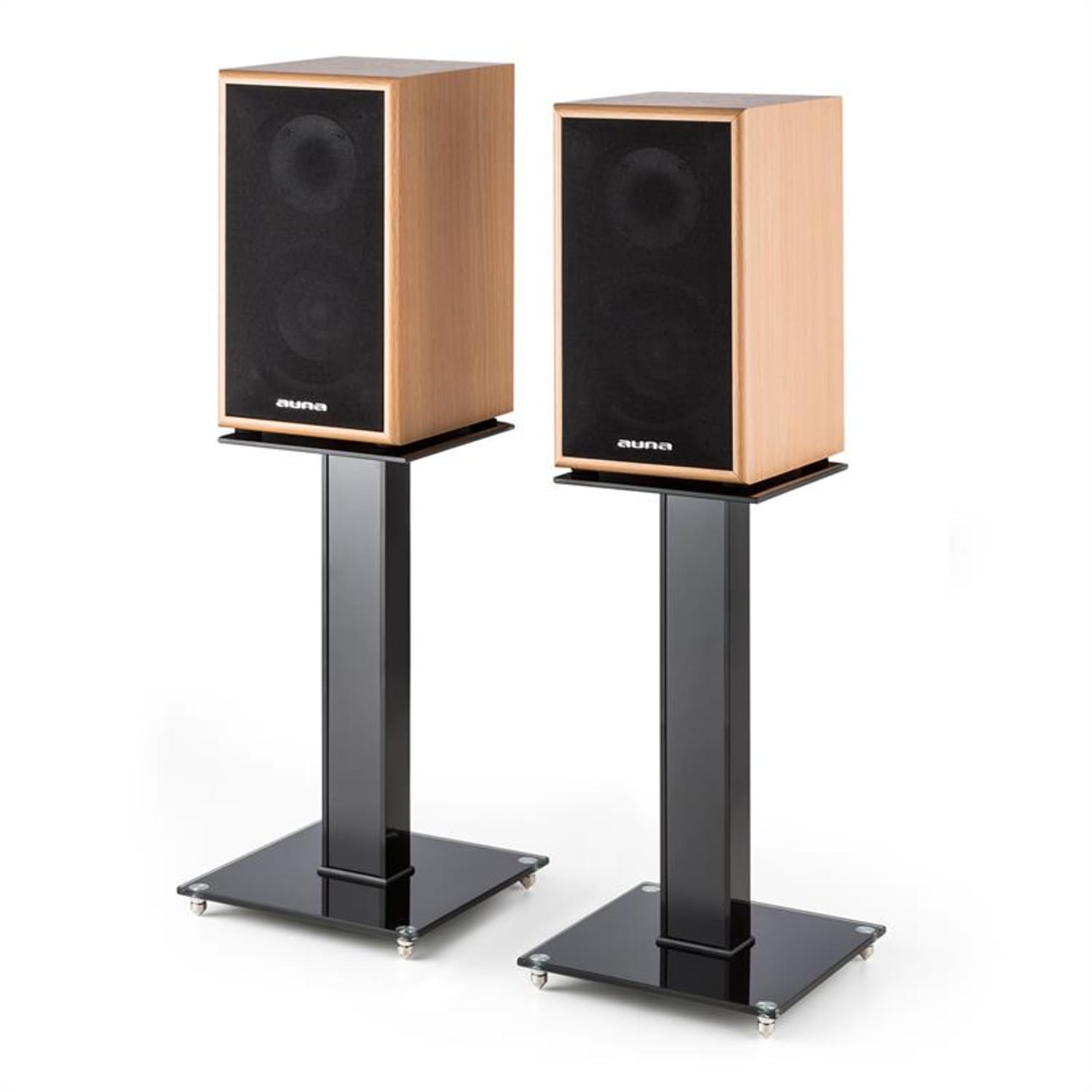 BS-03S-BK Standuri boxe Aluminiu sticla MDF canal de cablu incl. Spikes Lemn negru