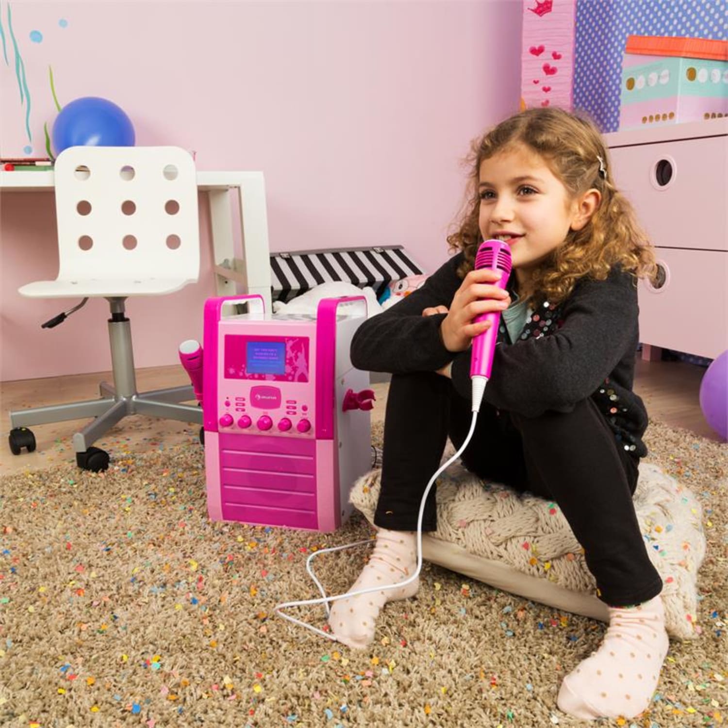 KA8P-V2 PK karaoke renszer CD lejátszóval, AUX, 2 mikrofon, rózsaszín