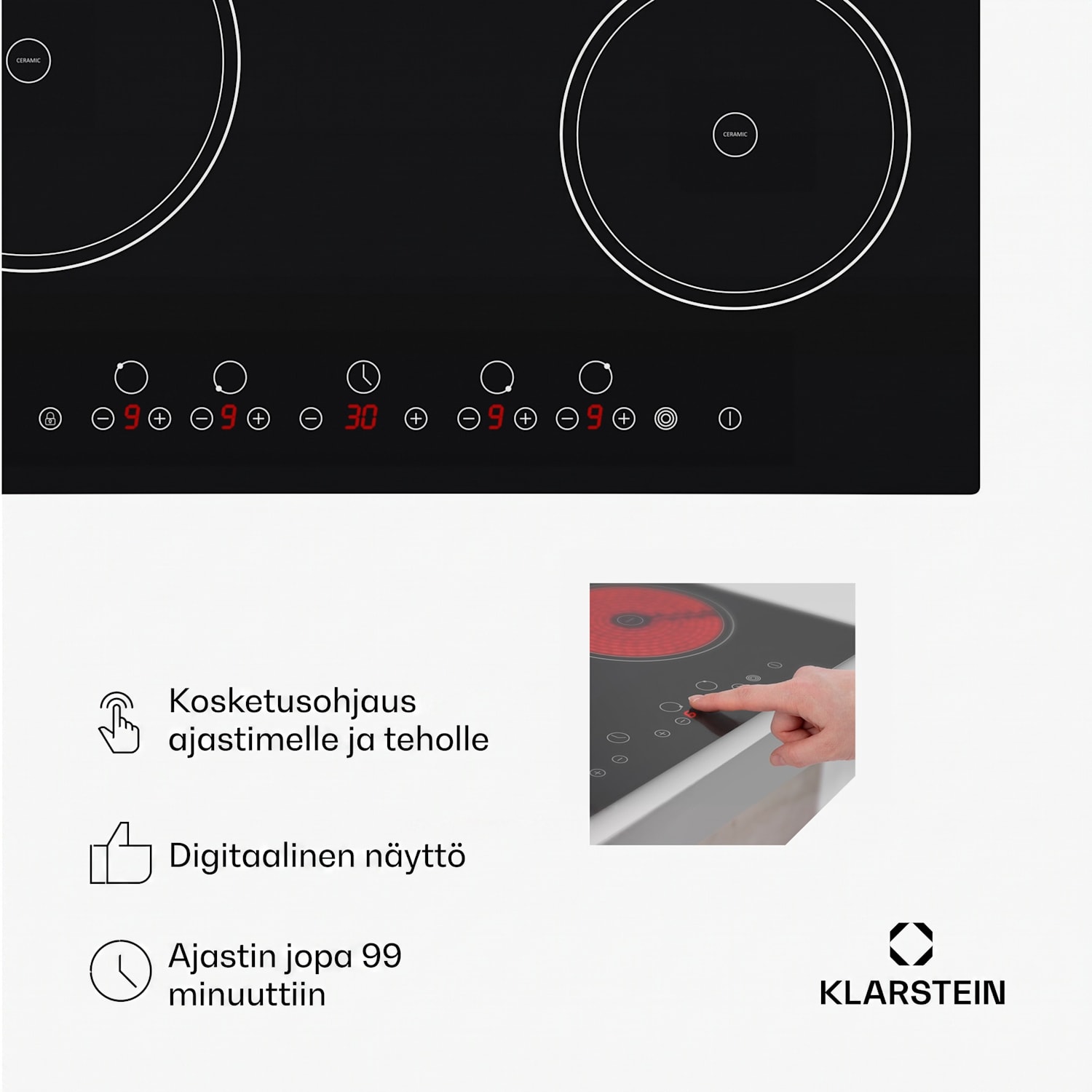 Virtuosa keraamien keittolevy liesitaso 6500W 59x52cm 4 aluetta lasikeramiikka 60 cm | Kolminkertainen | Kehyksetön