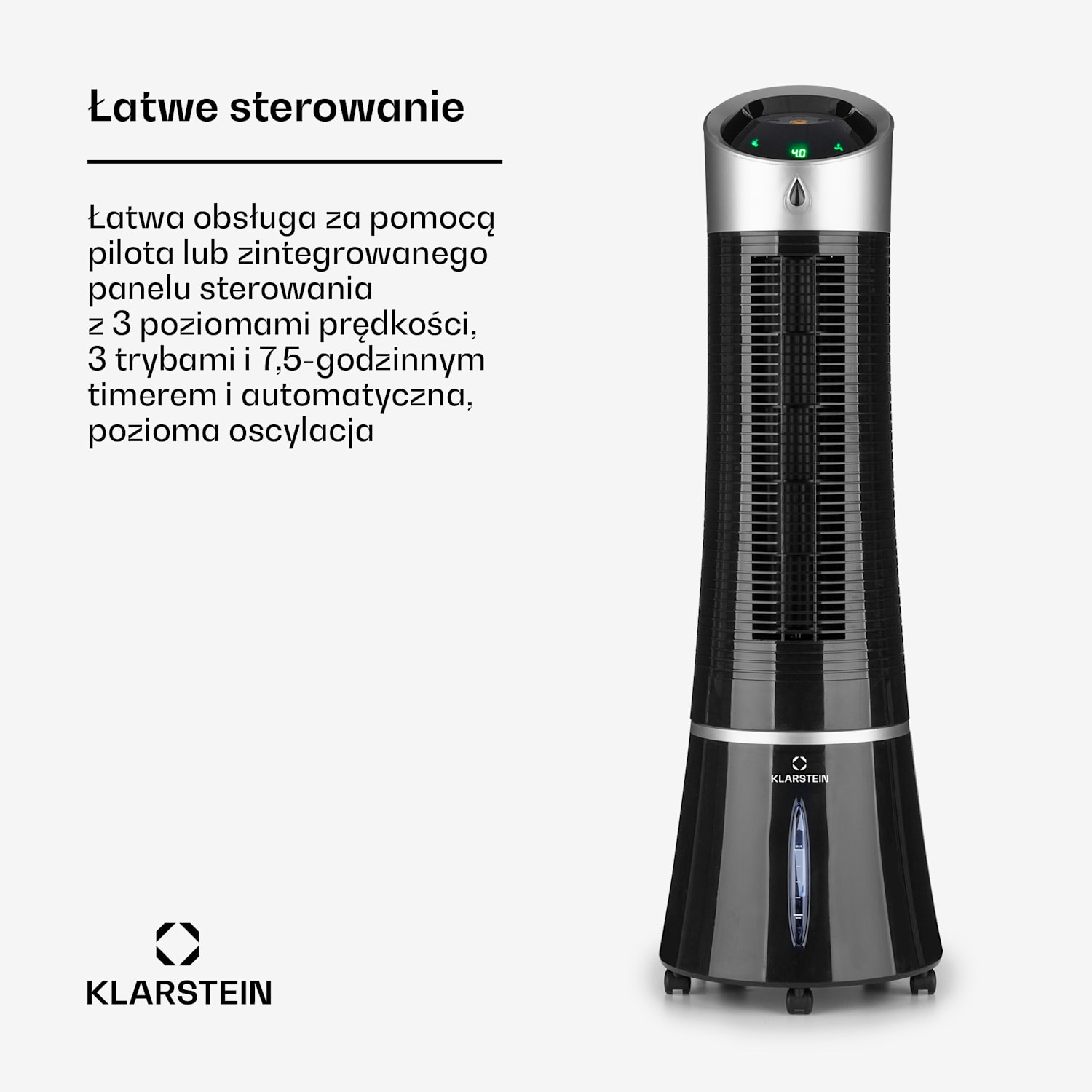 Skyscraper Ice, klimator 4 w 1, wentylator, oczyszczacz powietrza, nawilżacz powietrza, 180 m³/h, 30 W, oscylacja, przenośny, pilot 180 m³/h | Nee | Črna