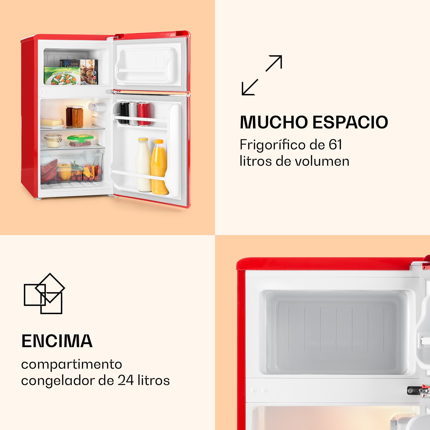 Combi frigorífico y congelador Monroe 61/24 litros 0 - 10 °C 70 vatios Rojo