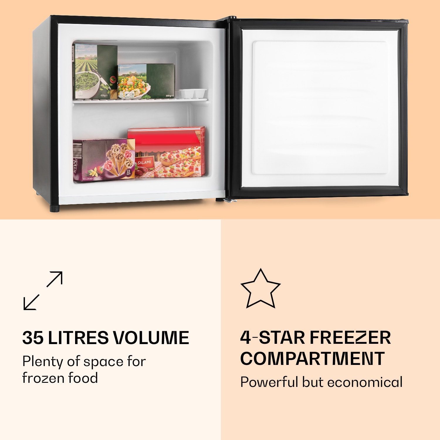 Garfield, pultfagyasztó, 35 l, F energiahatékonysági osztály, 65 W, fekete Fekete | 35