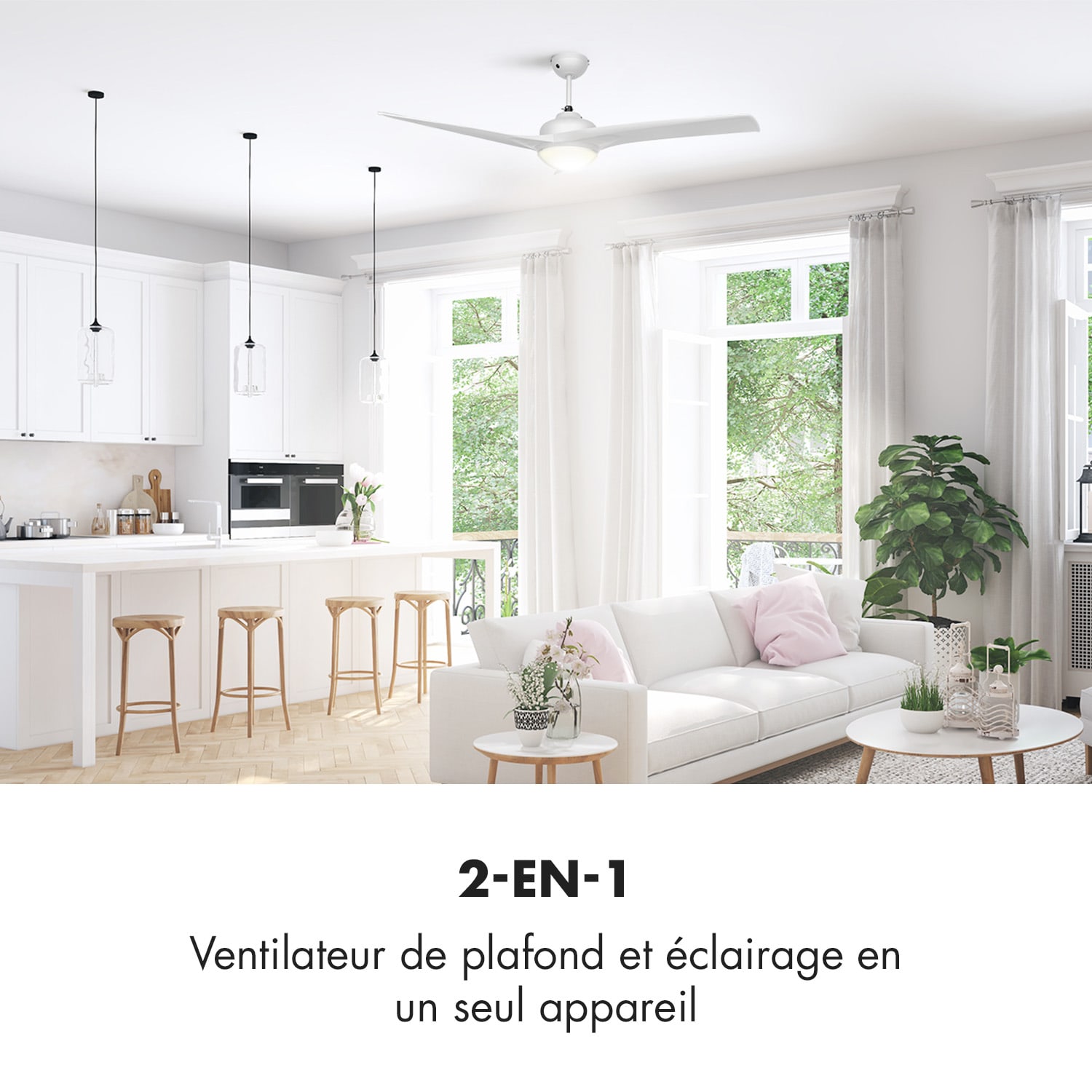 Figo ventilateur de plafond 52" 55 W plafonnier 2x42 W télécommande blanc 132 cm (pièces de 13 à 25 m²) | Télécommande | Blanc