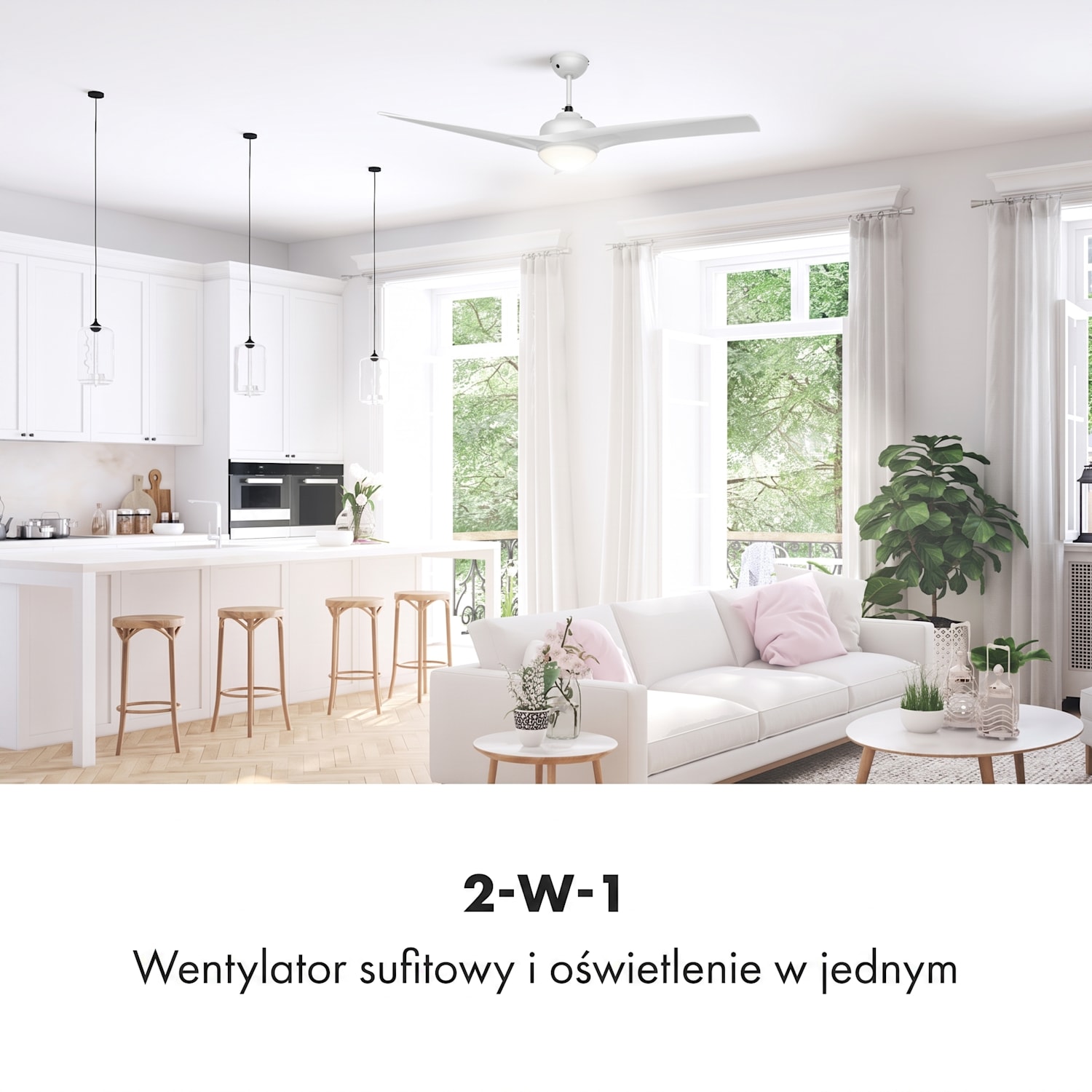 Figo, wentylator sufitowy z oświetleniem, 132 cm (52"), 55 W, lampa 2 x 42 W, pilot 132 cm (pomieszczenia 13–25 m²) | Zdalne sterowanie | Biały