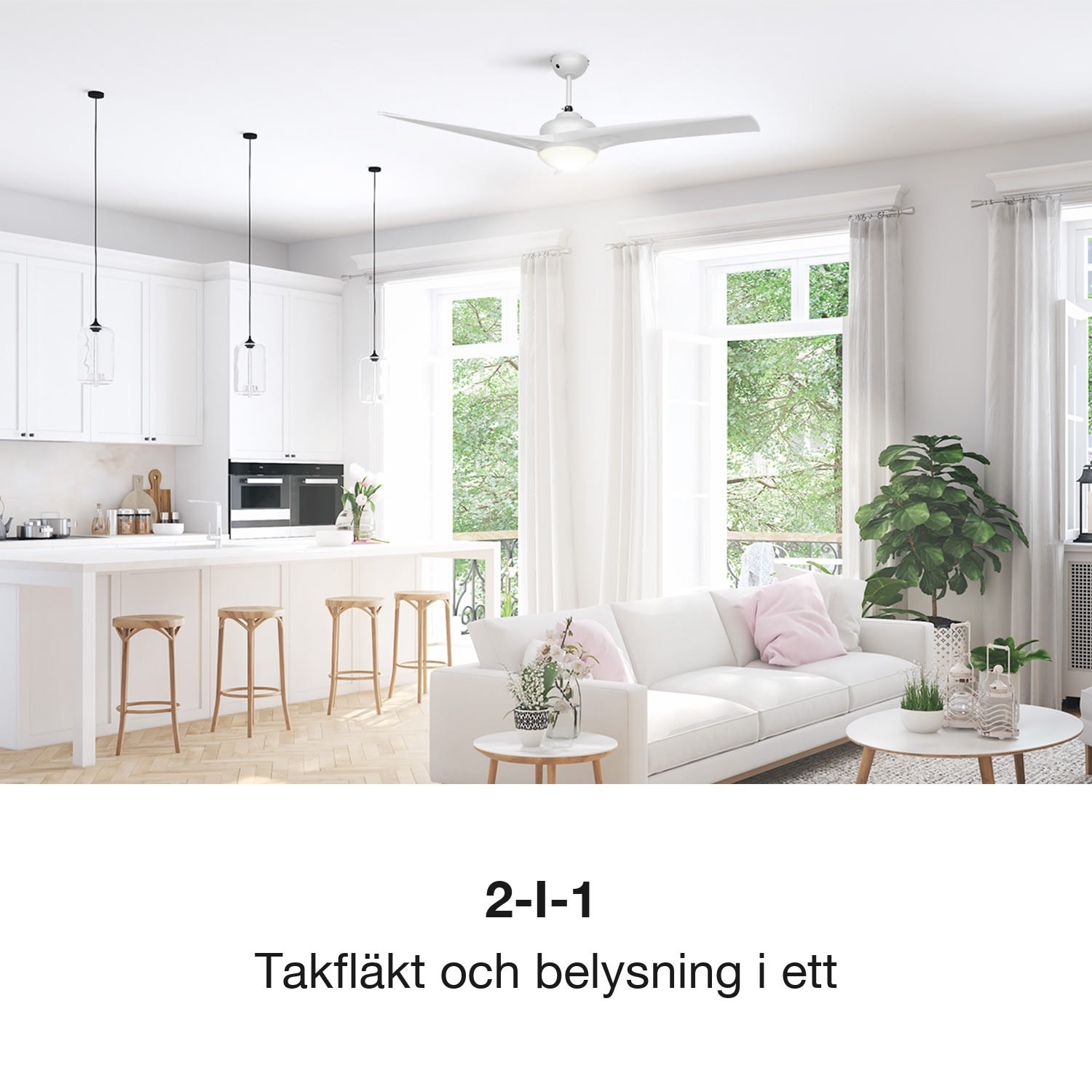 Figo takfläkt 52" 55 W taklampa 2 x 42 W fjärrkontroll vit 132 cm (rum 13–25 m²) | Fjärrkontroll | Vit