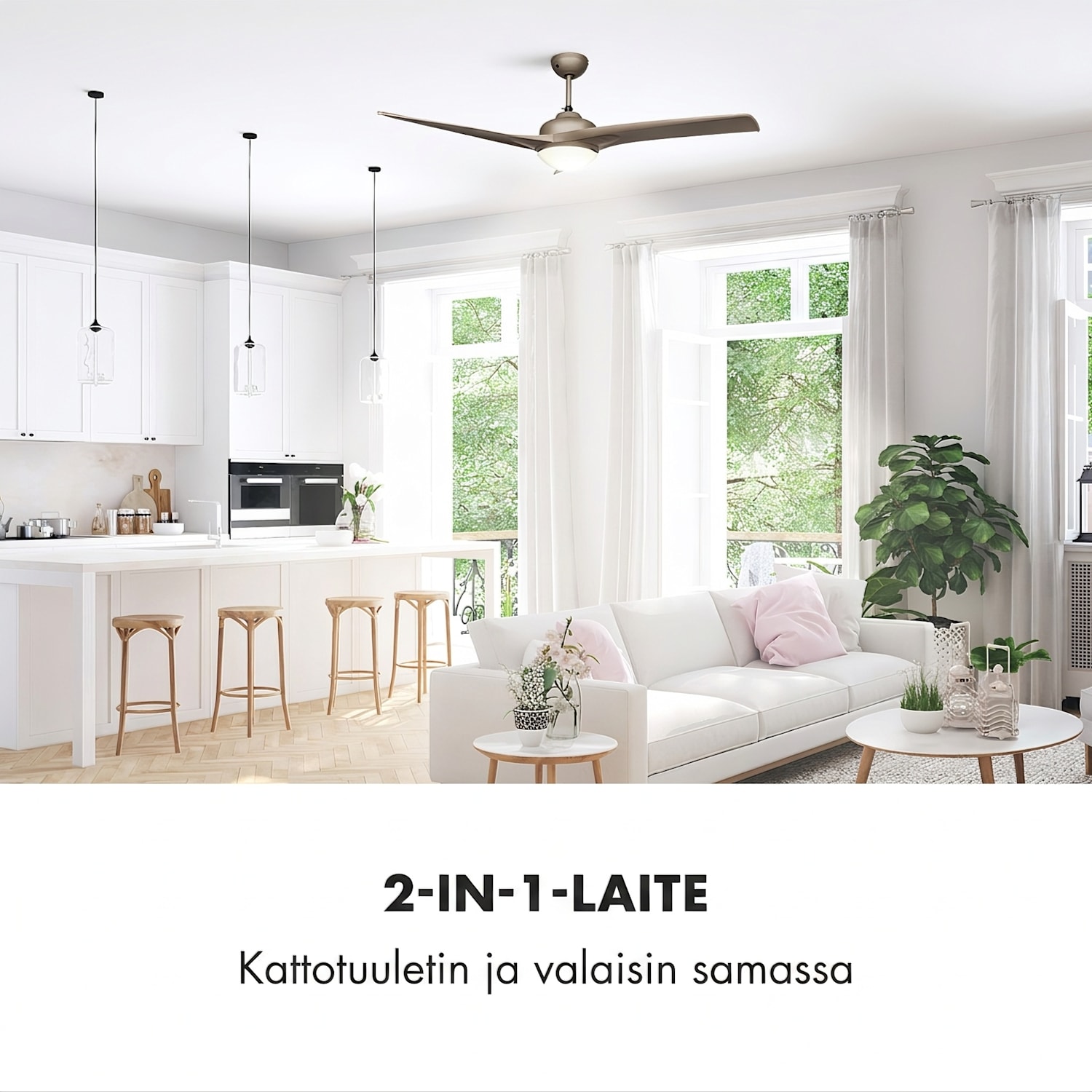 Figo kattotuuletin 52" 55 W kattovalaisin 2 x 42 W kaukosäädin titaanijäljitelmää 132 cm (huoneet 13-25 m²) | Kaukosäädin | nikkeli