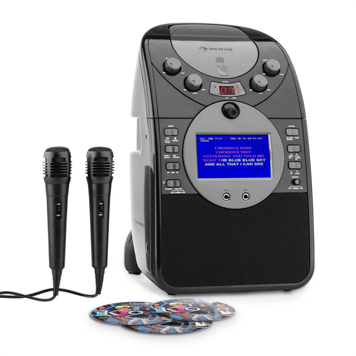 ScreenStar karaoke rendszer, kamera, CD, USB, SD, MP3, 2 x mikrofon, 3 x CD+G, fekete