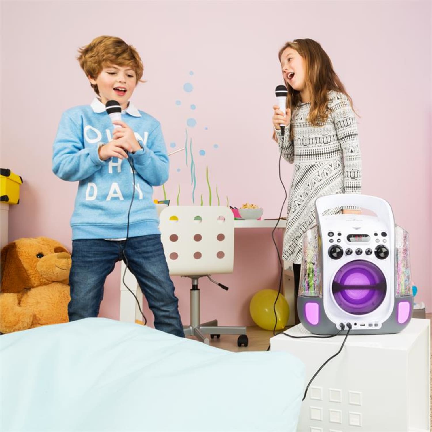 Kara Liquida, karaoke systém, CD, USB , MP3, fontána, LED, 2 x mikrofón, prenosný Šedá