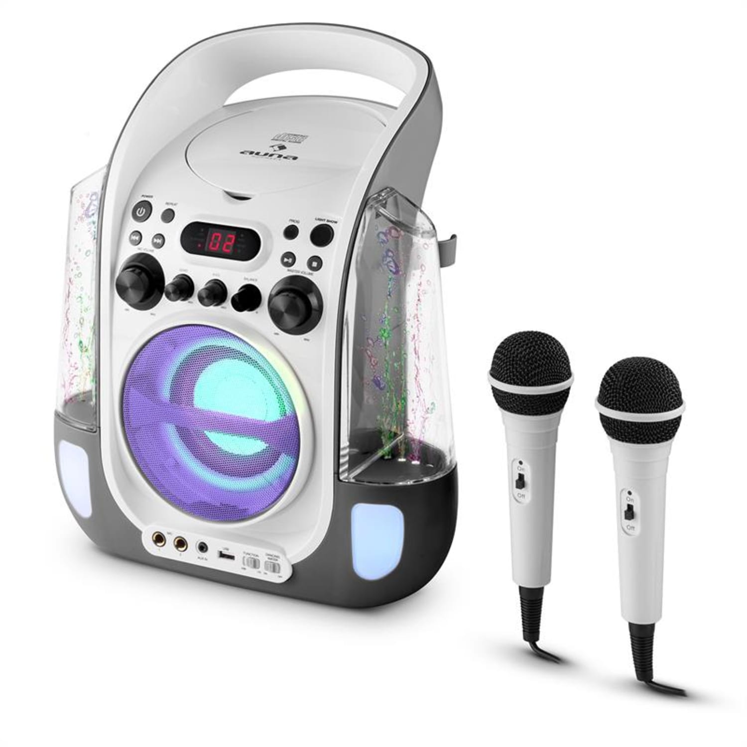 Kara Liquida, karaoke rendszer, CD, USB , MP3, szökőkút, LED, 2 x mikrofon, hordozható Szürke