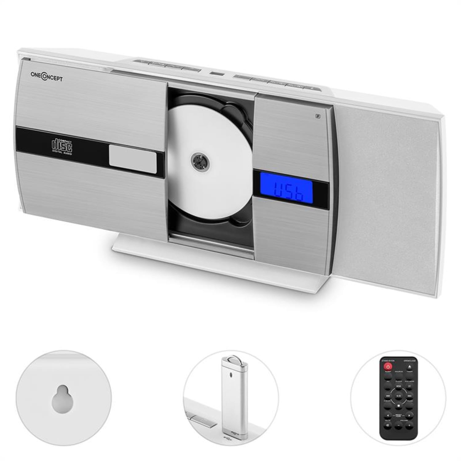 V-15-BT, wieża stereo, Bluetooth, CD, USB, MP3, UKF, AUX, budzik, montaż ścienny Biały